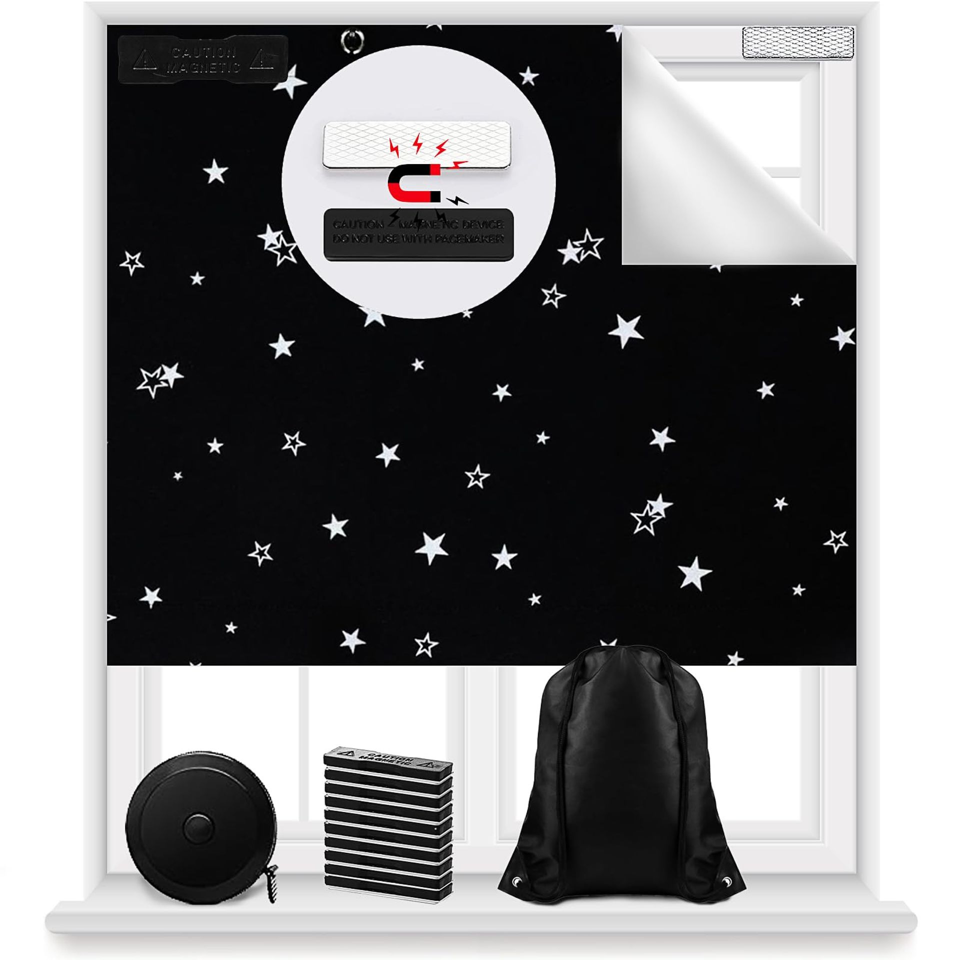 Magnetic Blackout Blind 100% Light Block Curtains for Windows, Cut to Size, Easy Magnetic Fit - Moon & Star Design 300x145cm