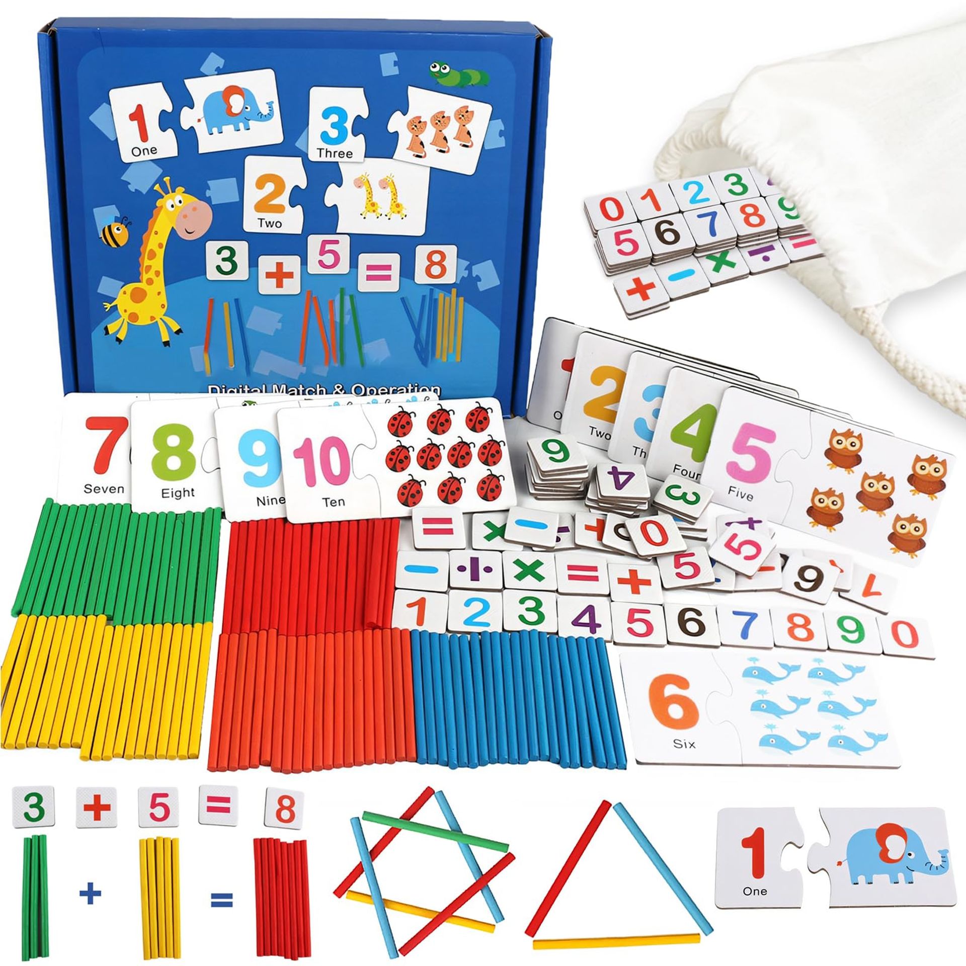 Montessori Math Number & Counting Toys for Kids 3-6 Educational Wooden Learning Set - Red Blue Green Yellow Orange