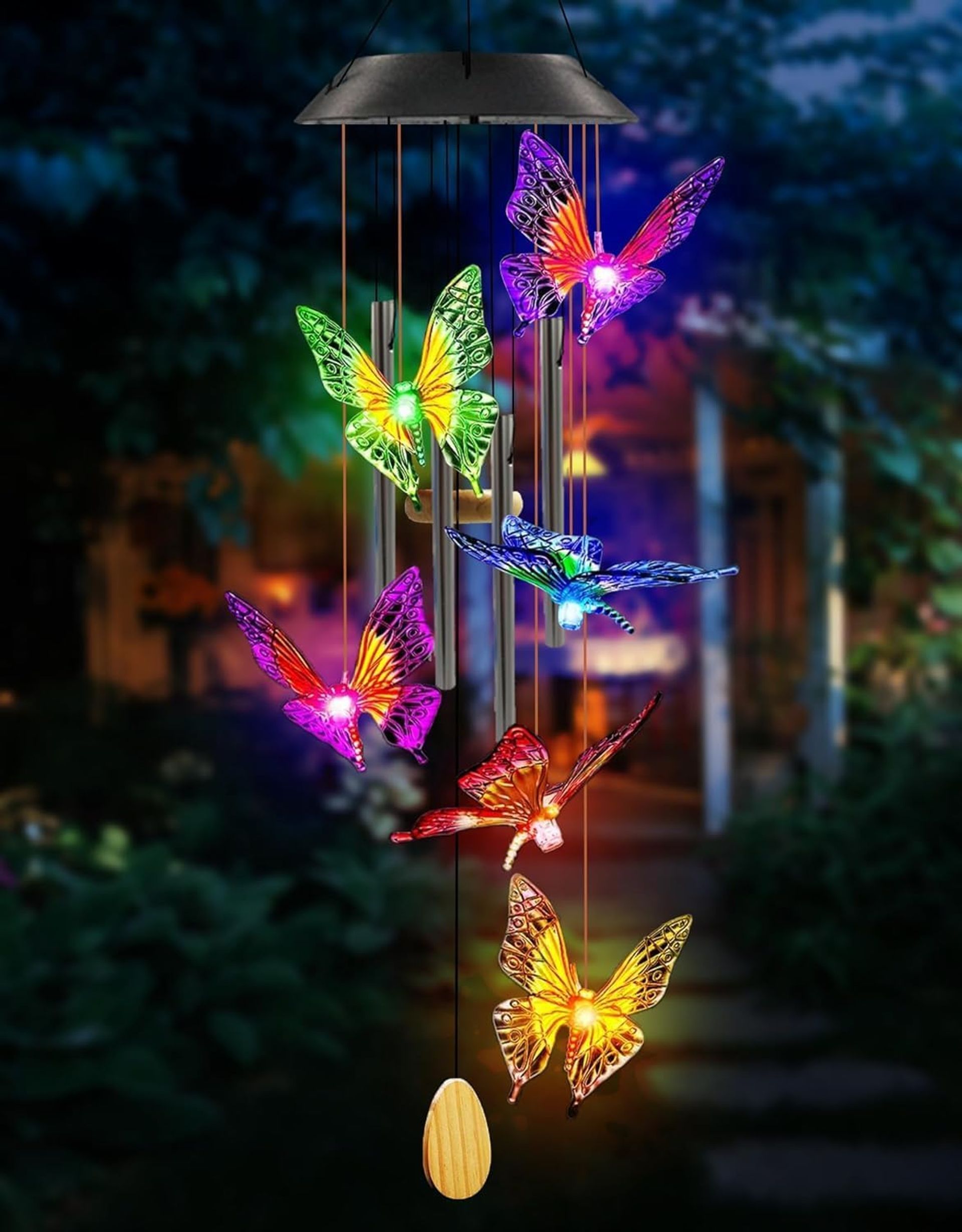Solar Butterfly Wind Chimes Outdoor Hanging Garden Lights Gift Décor - Purple Yellow One Size