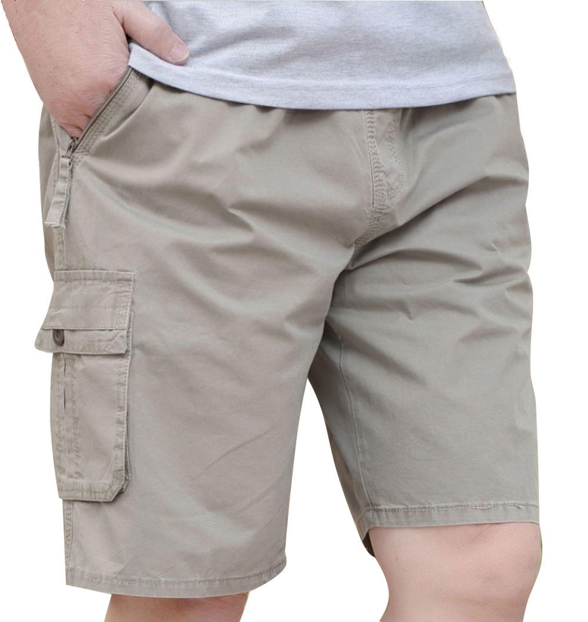 Men's Elastic Waist Cargo Shorts Cotton Casual Relaxed Fit with Zipper Pockets - Khaki 42