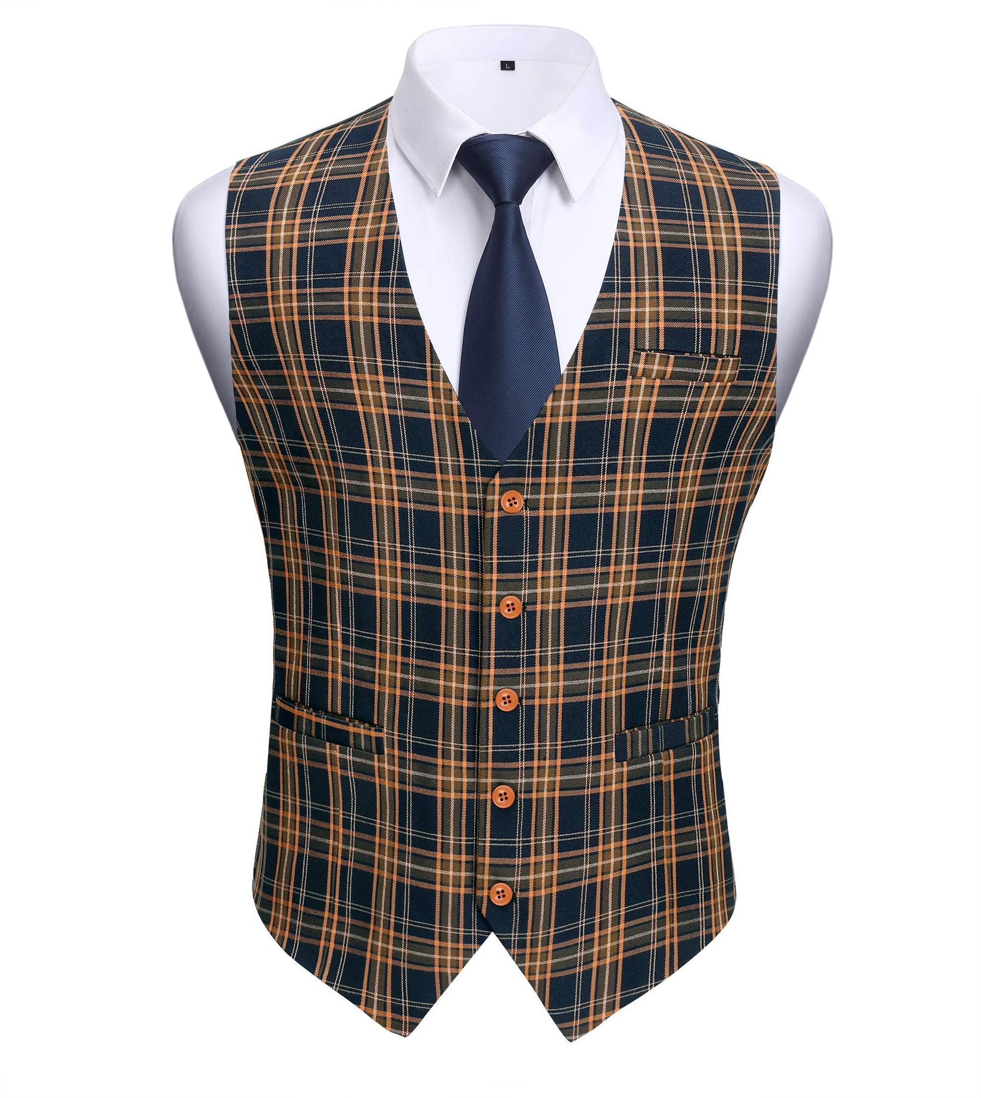 Men's Check Waistcoat Formal Plaid Suit Vest with Pockets for Business, Wedding or Casual Wear - Navy Blue/Orange XS