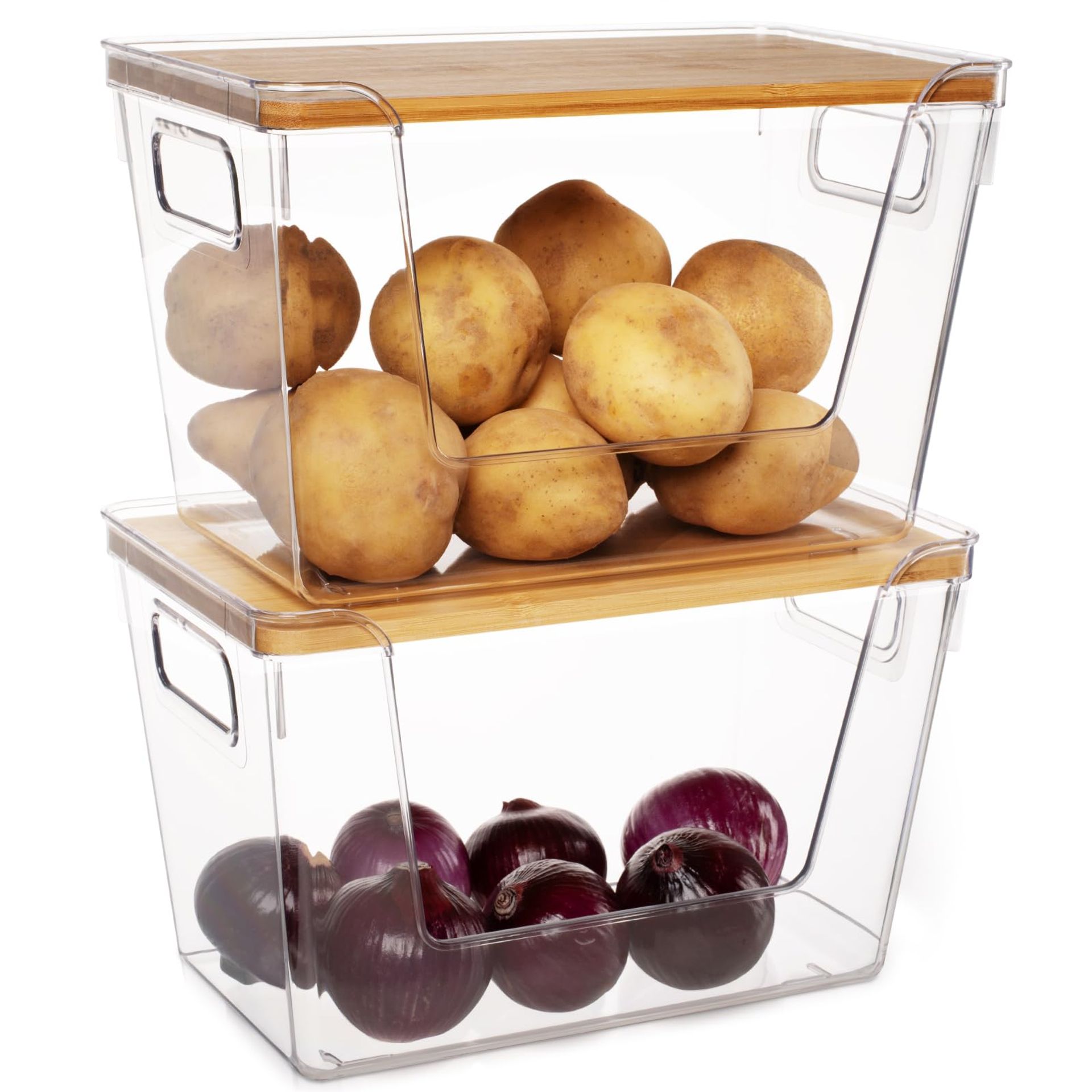2 Pack Kitchen Storage Bins Stackable Pantry Organisers with Bamboo Lids Wide Front Opening - Natural 2 Pcs