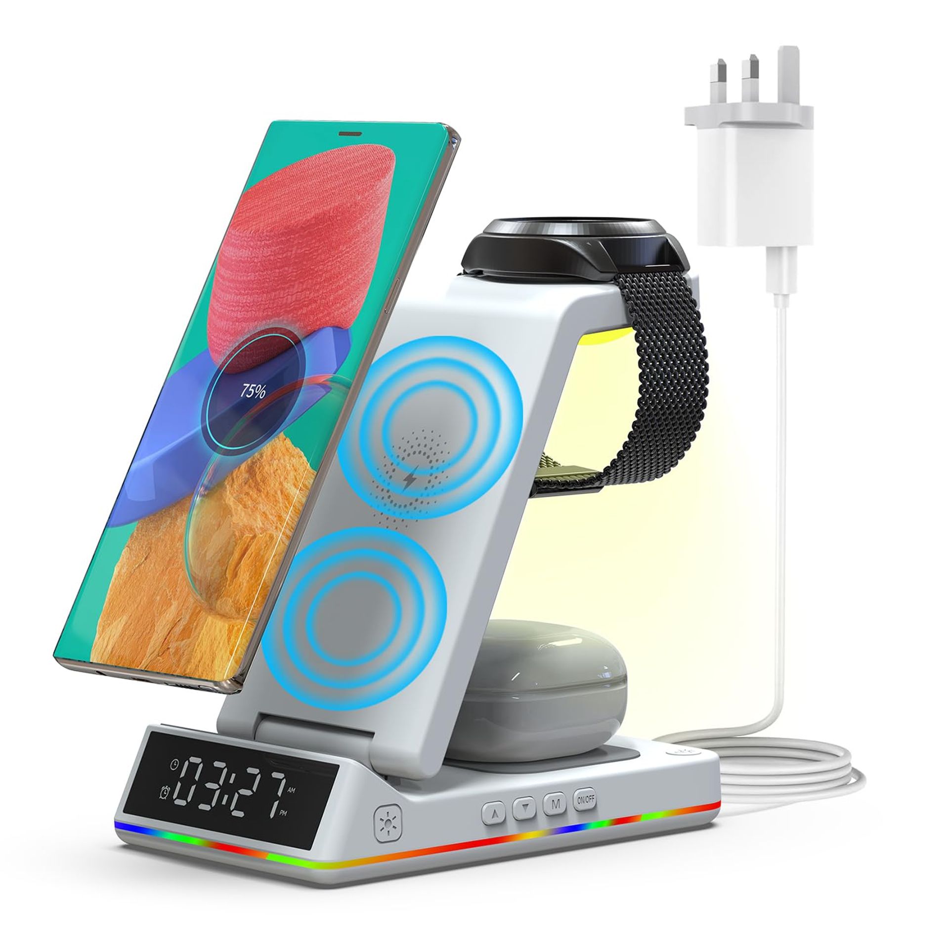 Wireless Charging Station for Samsung Galaxy with Alarm Clock & Night Light 5-in-1 Fast Charger for Phone, Watch & Buds - White UK Plug Small
