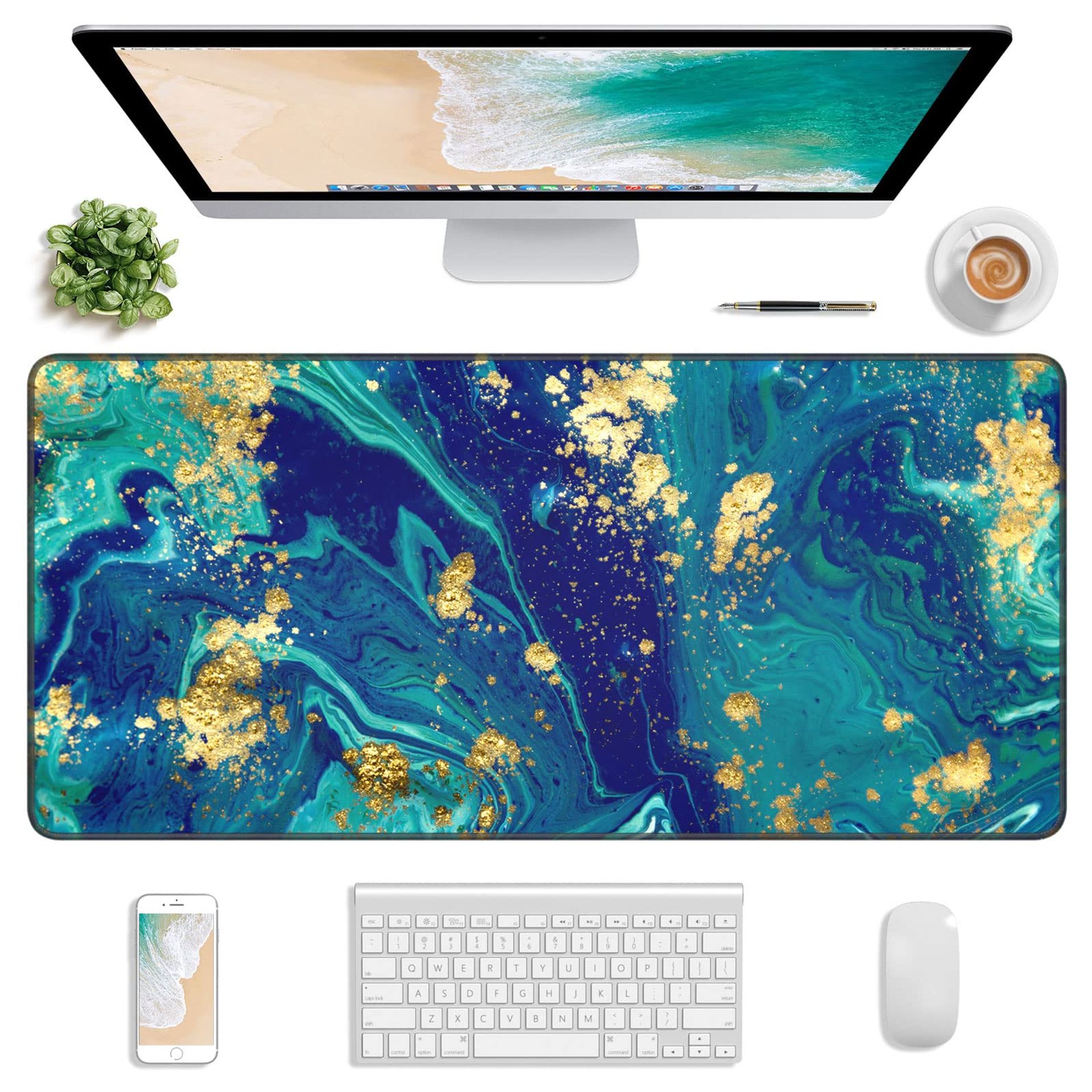 XXL Gold Green Marble Gaming Mouse Pad - 30x14", Waterproof & Non-Slip Desk Mat