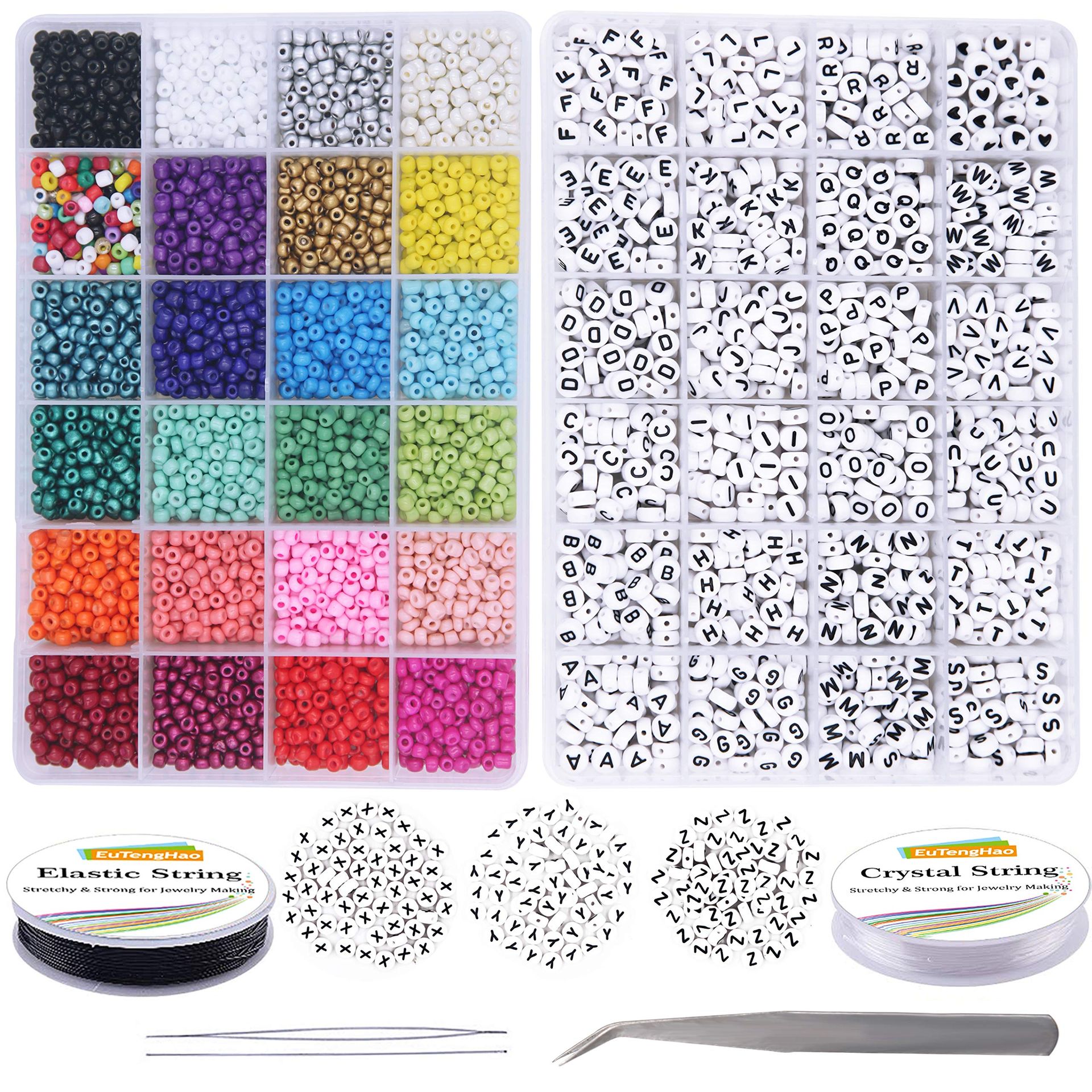 Letter and Glass Seed Beads Jewellery Making Kit 6810pcs with Alphabet Beads, Elastic String and Storage Box - Blue Clear Green White Small