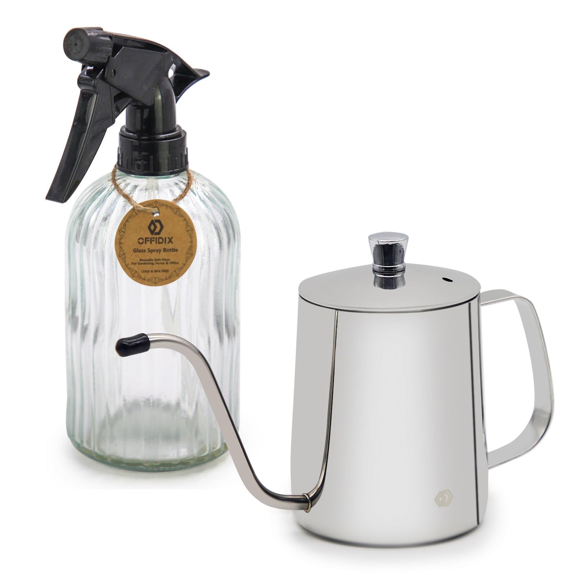 Plant Spray Bottles Set of 2 Refillable Glass and Stainless Steel Misters for Indoor Gardening and Home Cleaning - Silver 20x20x13cm