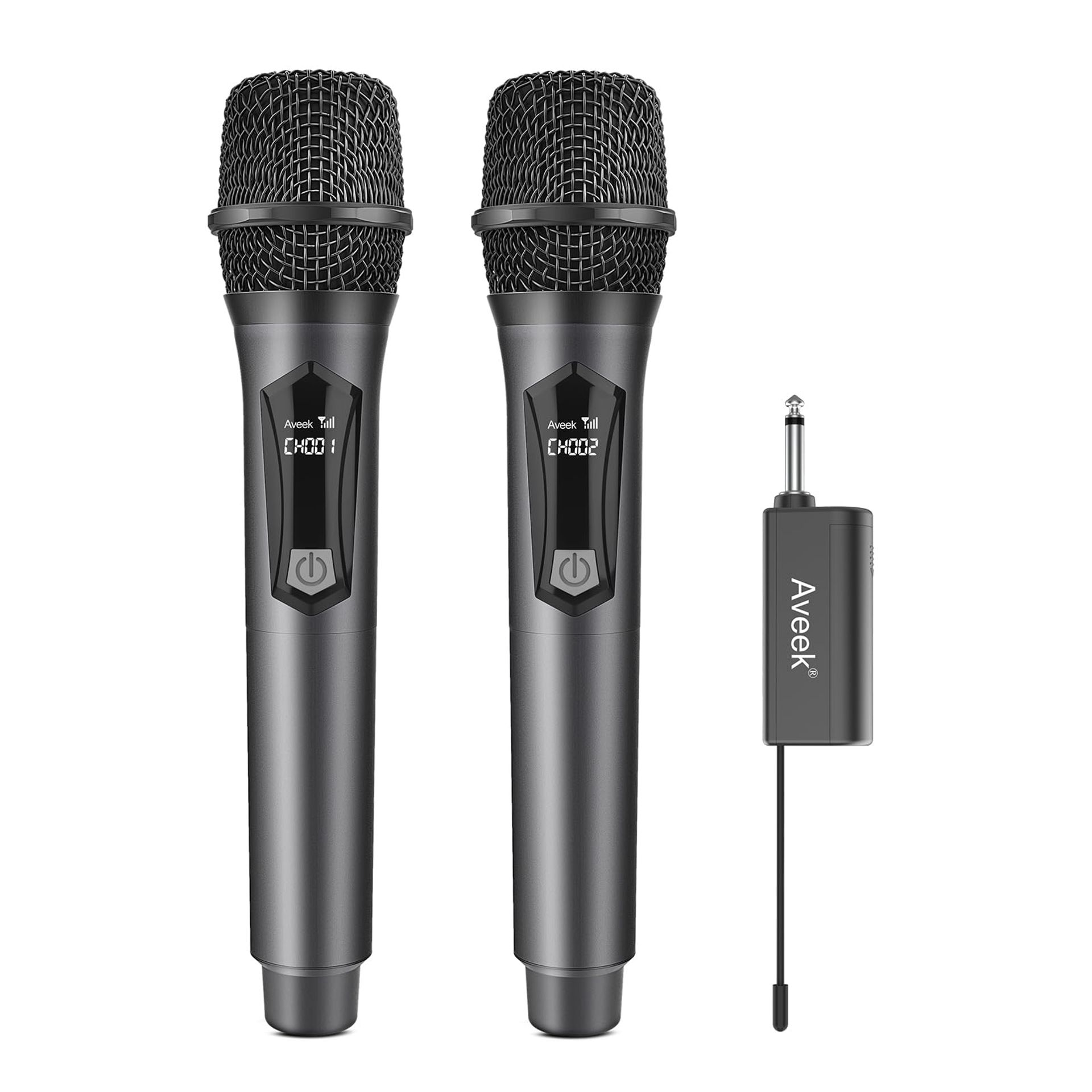 2.4GHz Wireless Microphone System Dual Handheld Dynamic Mics with Rechargeable Receiver for Karaoke, Parties, Weddings, DJs, and Speeches - Grey V8
