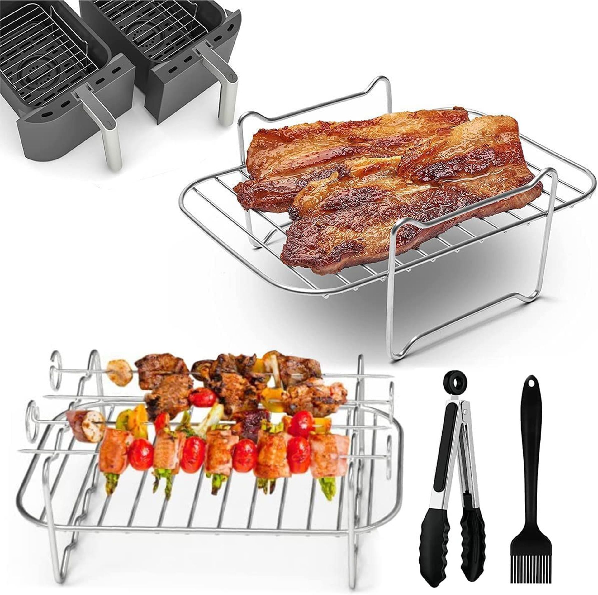 2 Pack Air Fryer Rack with Skewers & Brush, Stainless Steel, Fits Ninja Dual AF300UK, AF400UK