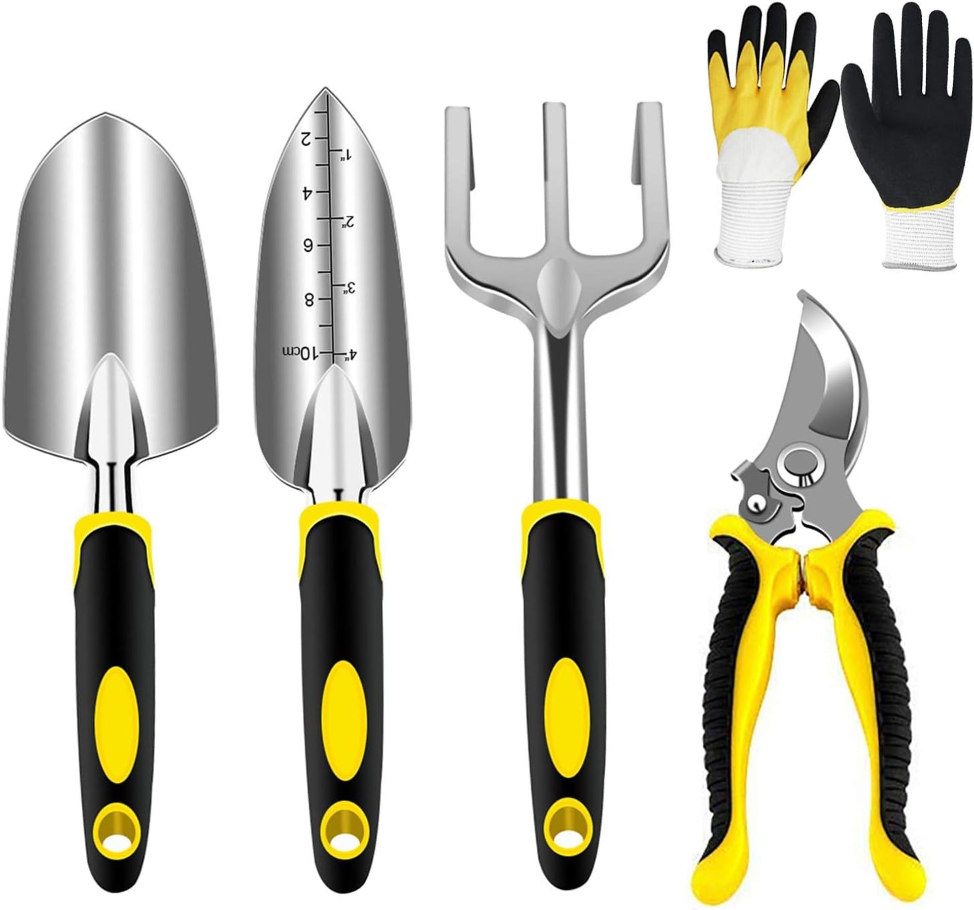 Garden Tool Set 5 Piece Aluminium Kit with Gloves, Pruning Shear, Rake, Shovel & Trowel for Indoor & Outdoor Gardening - Yellow & Black 5 Pezzi