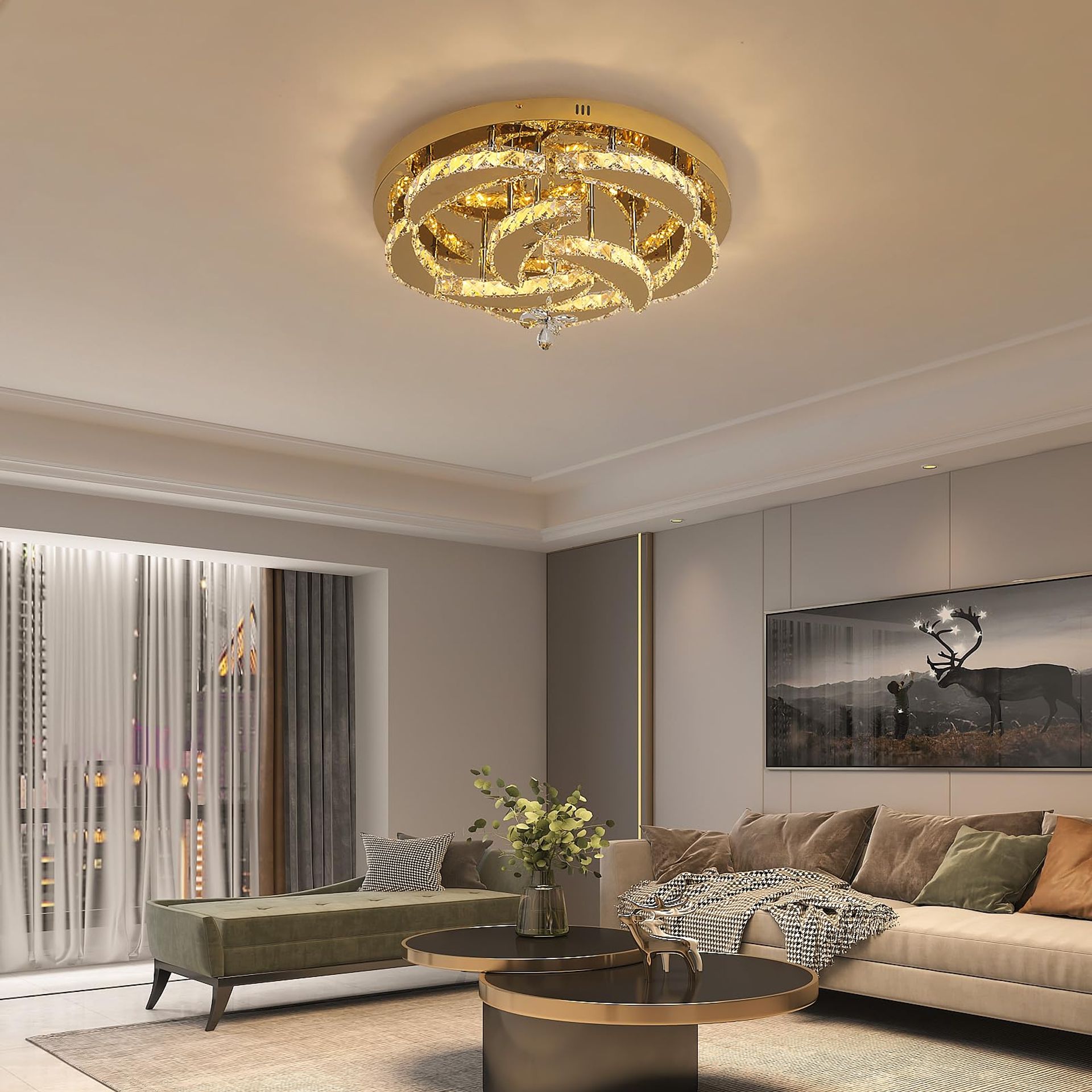 Crystal Ceiling Chandelier Modern Flush Mount Light Fixture 50CM for Dining Room, Living Room, Bedroom - Gold Variable Light