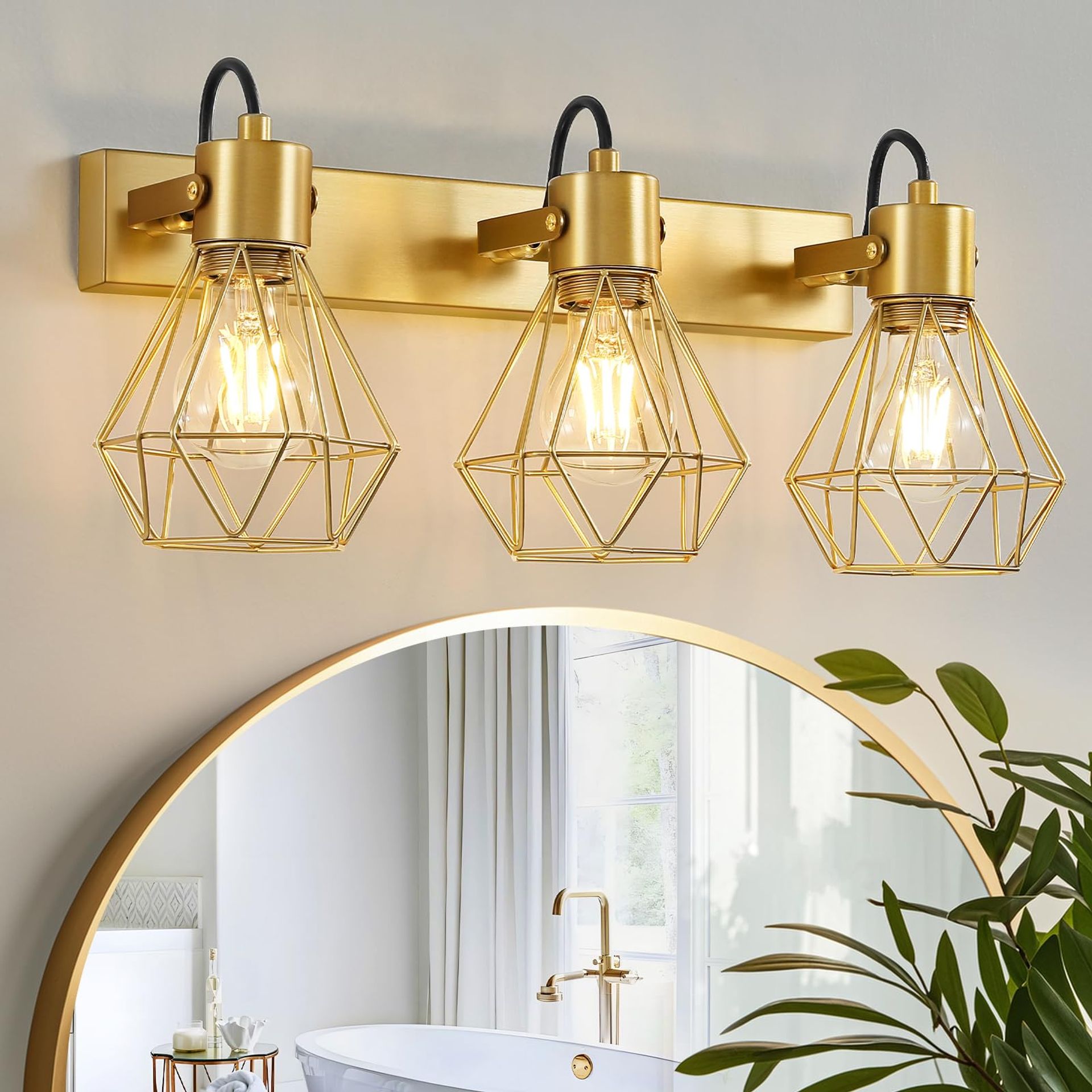 Bathroom Vanity Light Fixture 3 Lights Rotatable Over Mirror Metal Lampshade Vintage Farmhouse Style - Gold 48cm