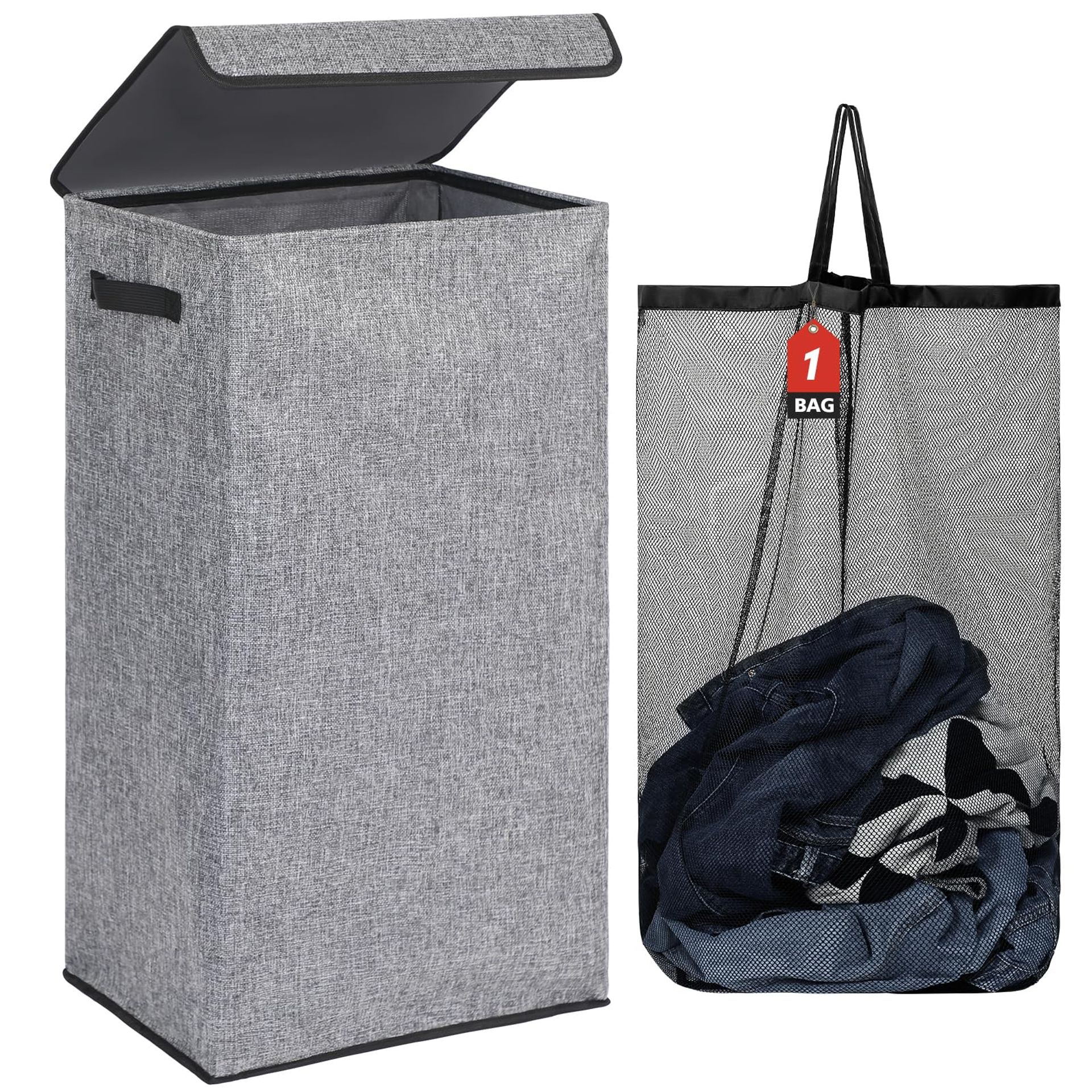 Collapsible Laundry Hamper with Lid and Removable Laundry Bags 100L, Durable Fabric Storage Basket for Bedroom, Bathroom or Laundry Room - Grey 100L
