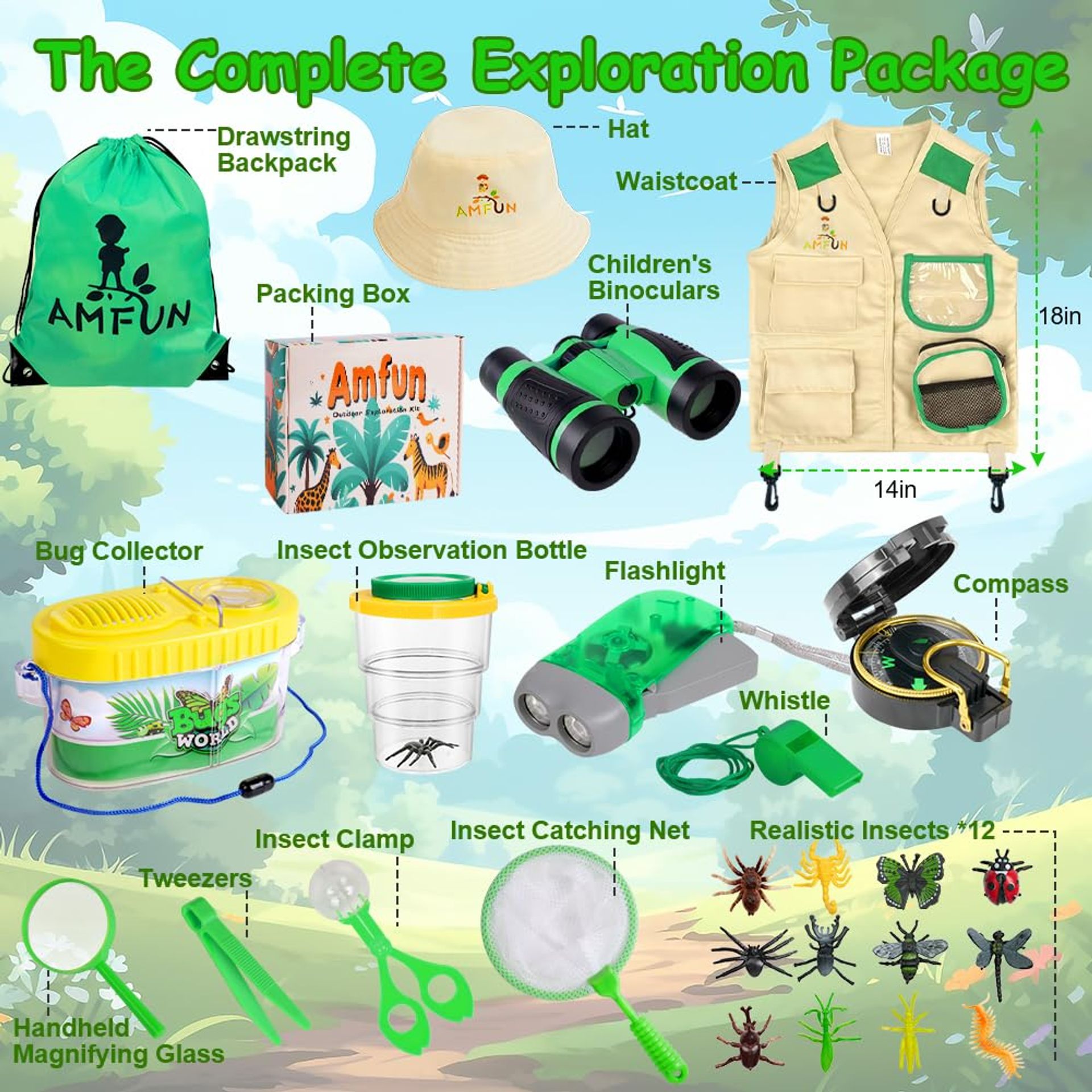 Kids Outdoor Explorer Kit 25PCS Nature Adventure Set With Binoculars, Ves