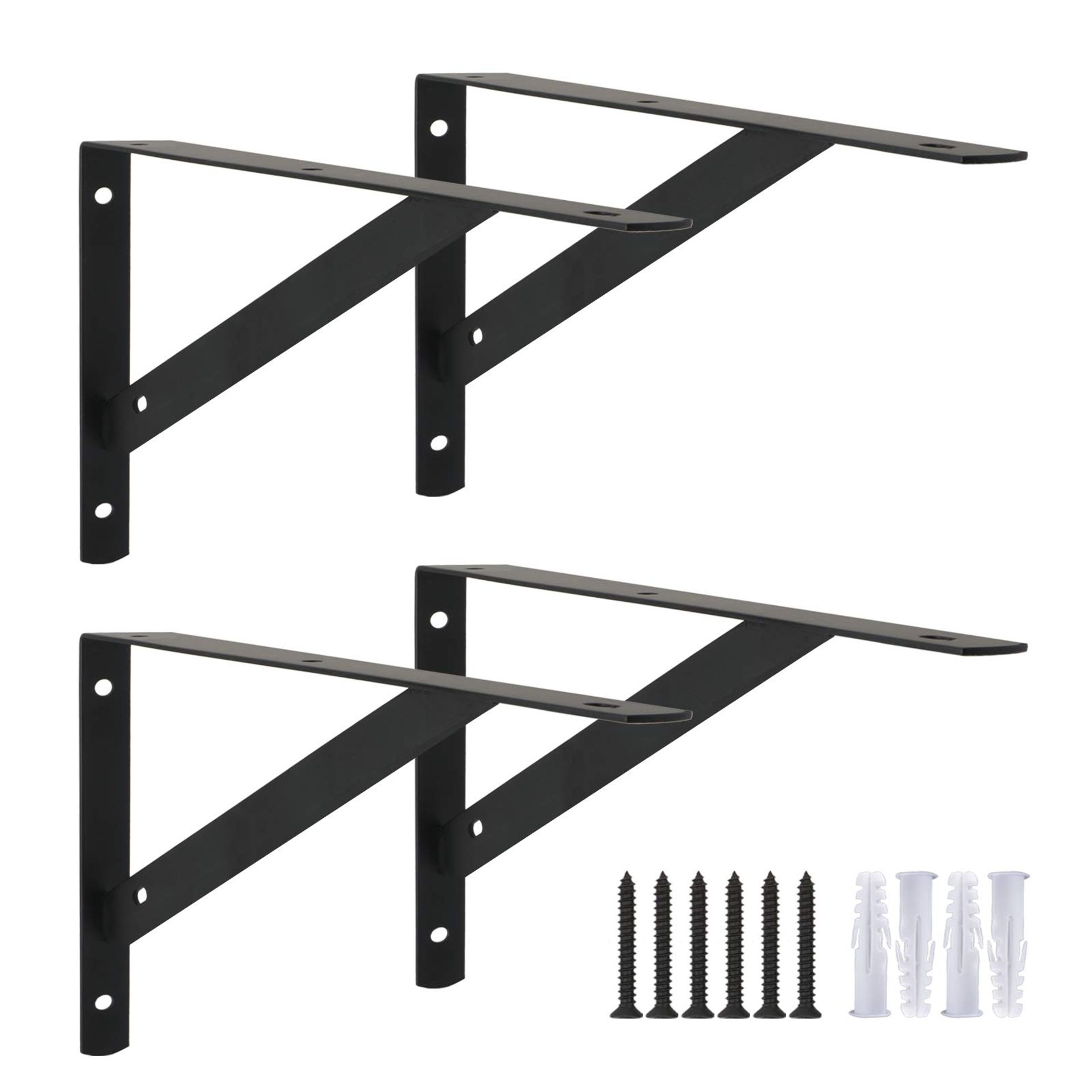 Triangle Shelf Brackets 4 Pack, Iron Right-Angle Corner Brace Supports with Screws, 10-inch, Black
