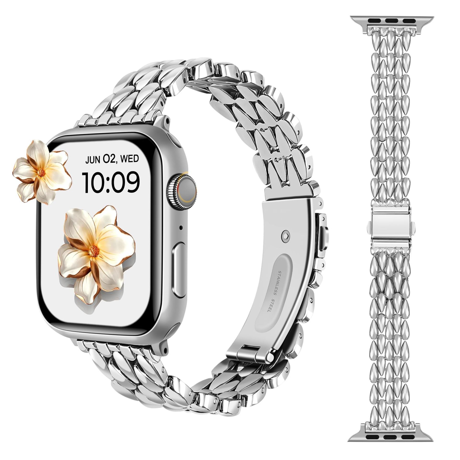 Stainless Steel Apple Watch Strap for Women, Slim Chain Bracelet Band 38mm-49mm, Adjustable Metal Wristband - Silver - Valentines