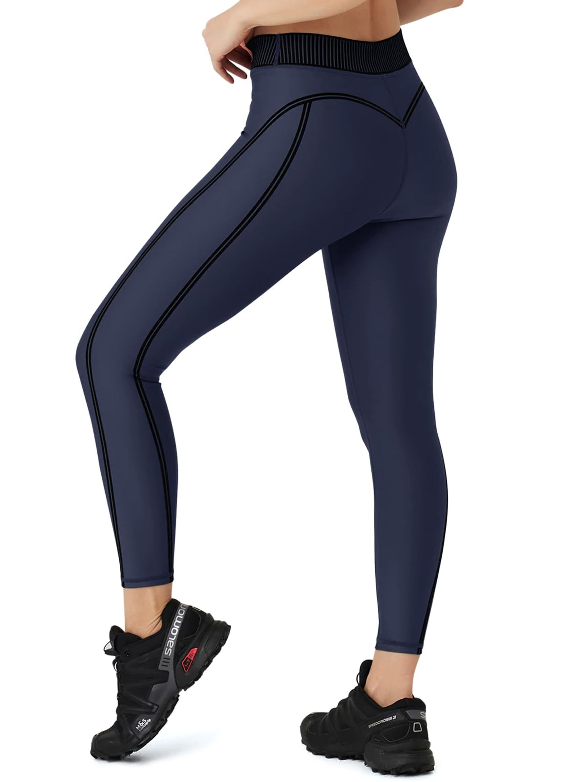 Women's High Waisted Yoga Leggings, Gym & Workout Sports Tights - Navy Blue L
