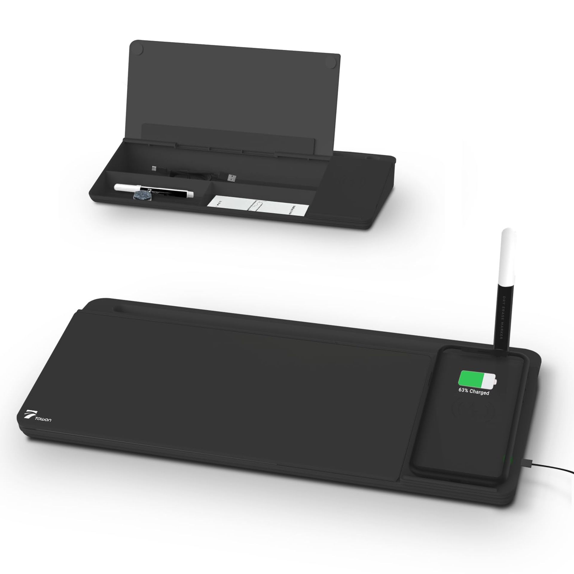 Desktop Glass Whiteboard with Wireless Charger Station and Storage Tray - Black 34 x 17 cm