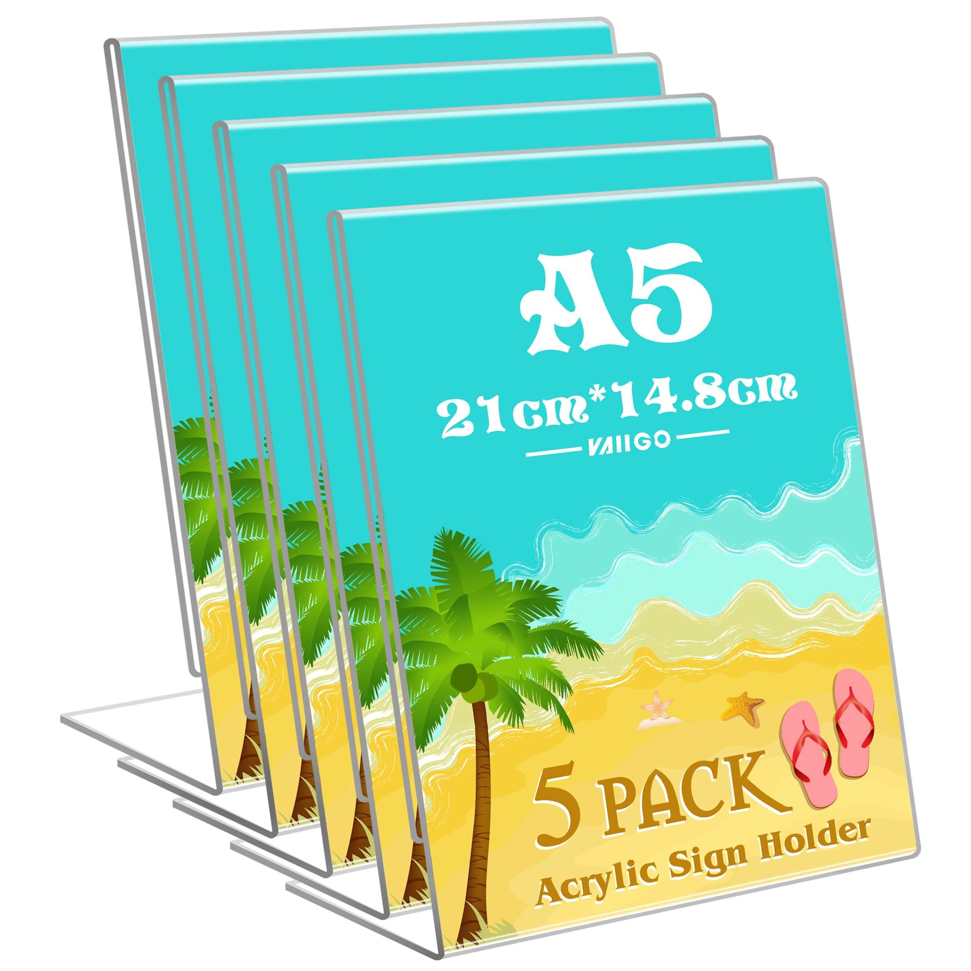 A5 Acrylic Sign Holder 5 Pack - L-Shape Perspex Display Stand for Office, Restaurant, Wedding