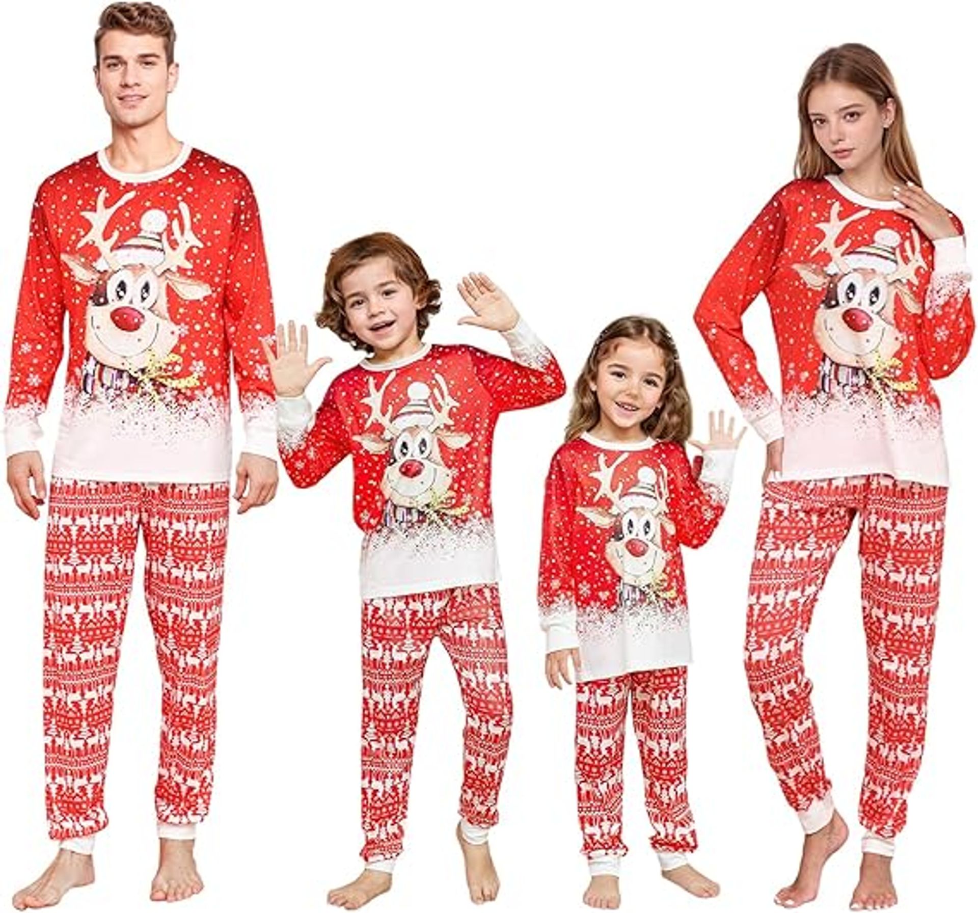 SERTAS Christmas Reindeer Family Pyjamas Set - Red, L, Warm & Festive Matching PJs