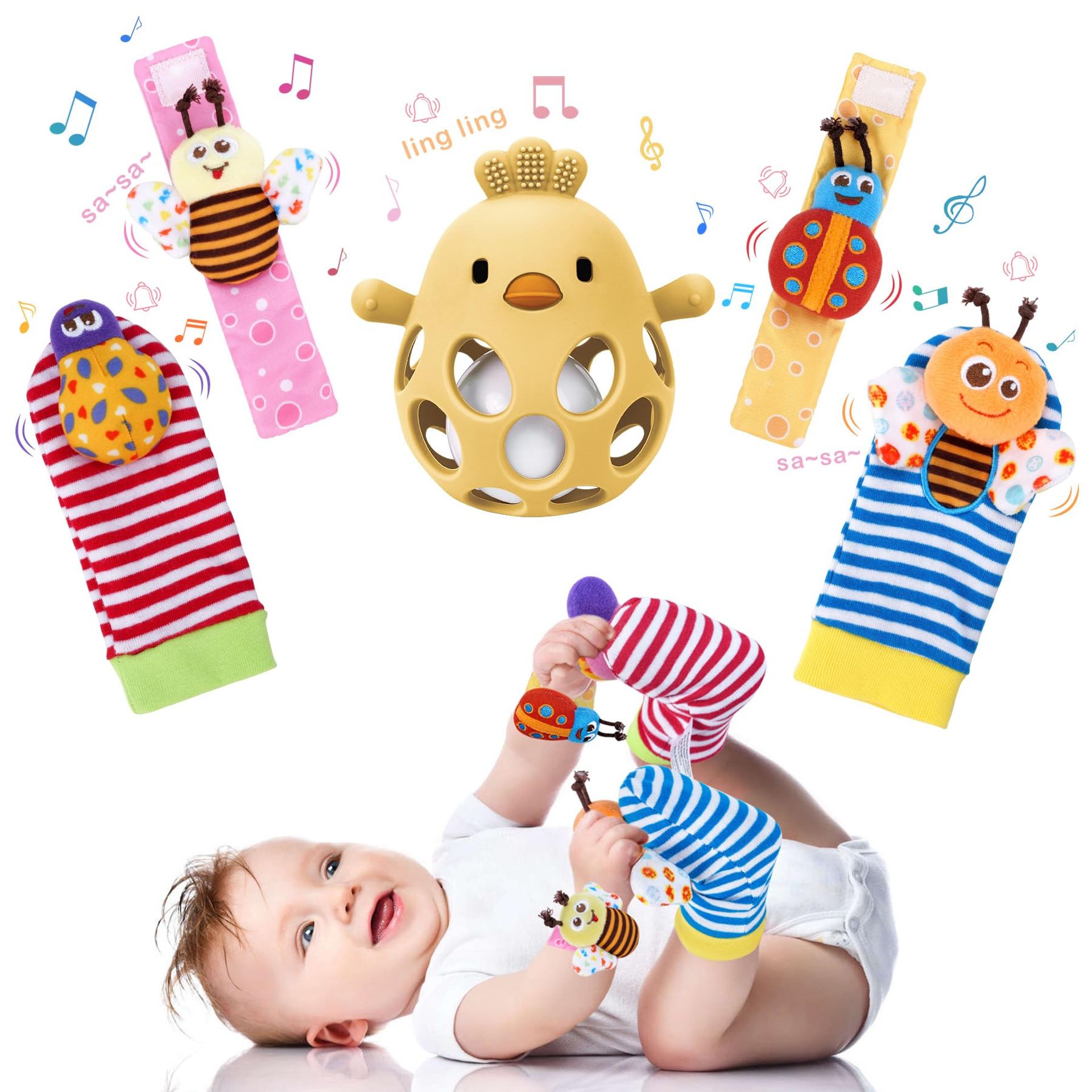 Baby Sensory Toy Set with Teething Chicken Rattle, Wrist & Sock Rattles, BPA-Free Silicone - Green Infant