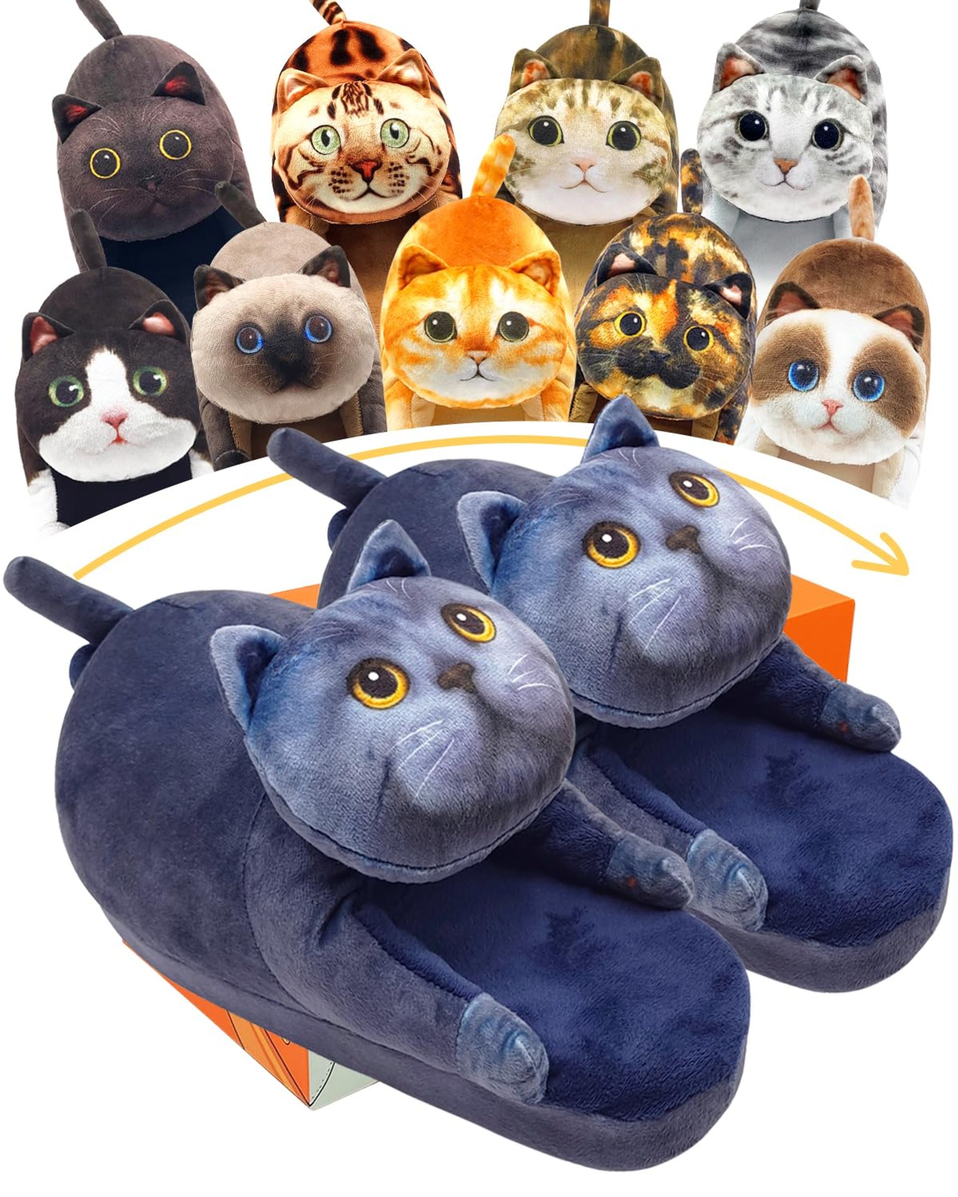Funny Cat Slippers for Women with Memory Foam, Fluffy Warm Indoor House Shoes Winter Cosy Gift for Cat Lovers - Blue