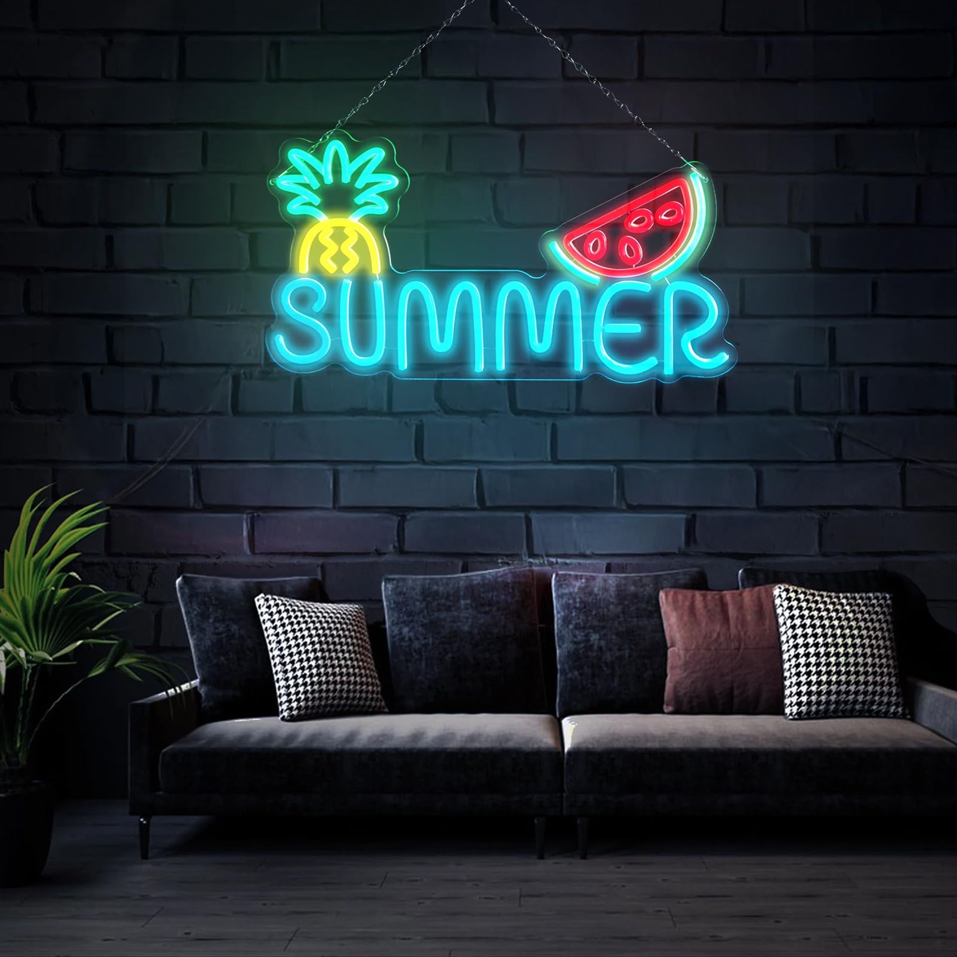LED Neon Wall Sign Summer Fruit Party Acrylic Light Button-Dimmable USB Decor - Blue 49.2×26.4cm