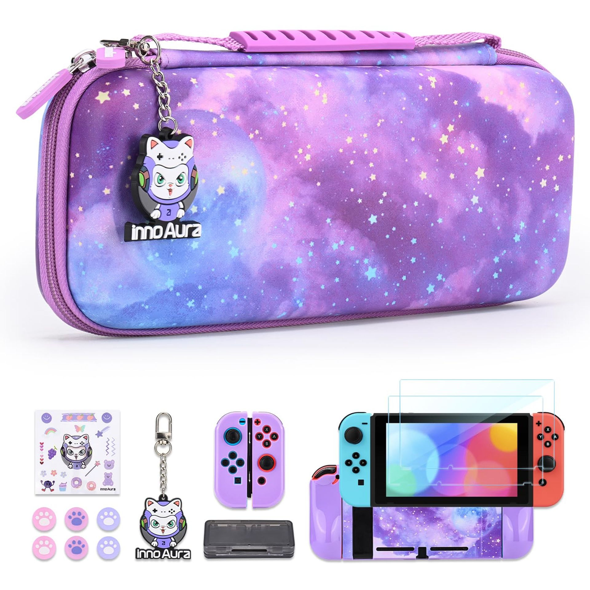 Carrying Case for NS Switch, innoAura 14 in 1 Switch Accessories Bundles with Switch Portable Case, Switch Protective Cover J-con Shell, Switch Screen Protector, Switch Game Case (Galaxy Black)