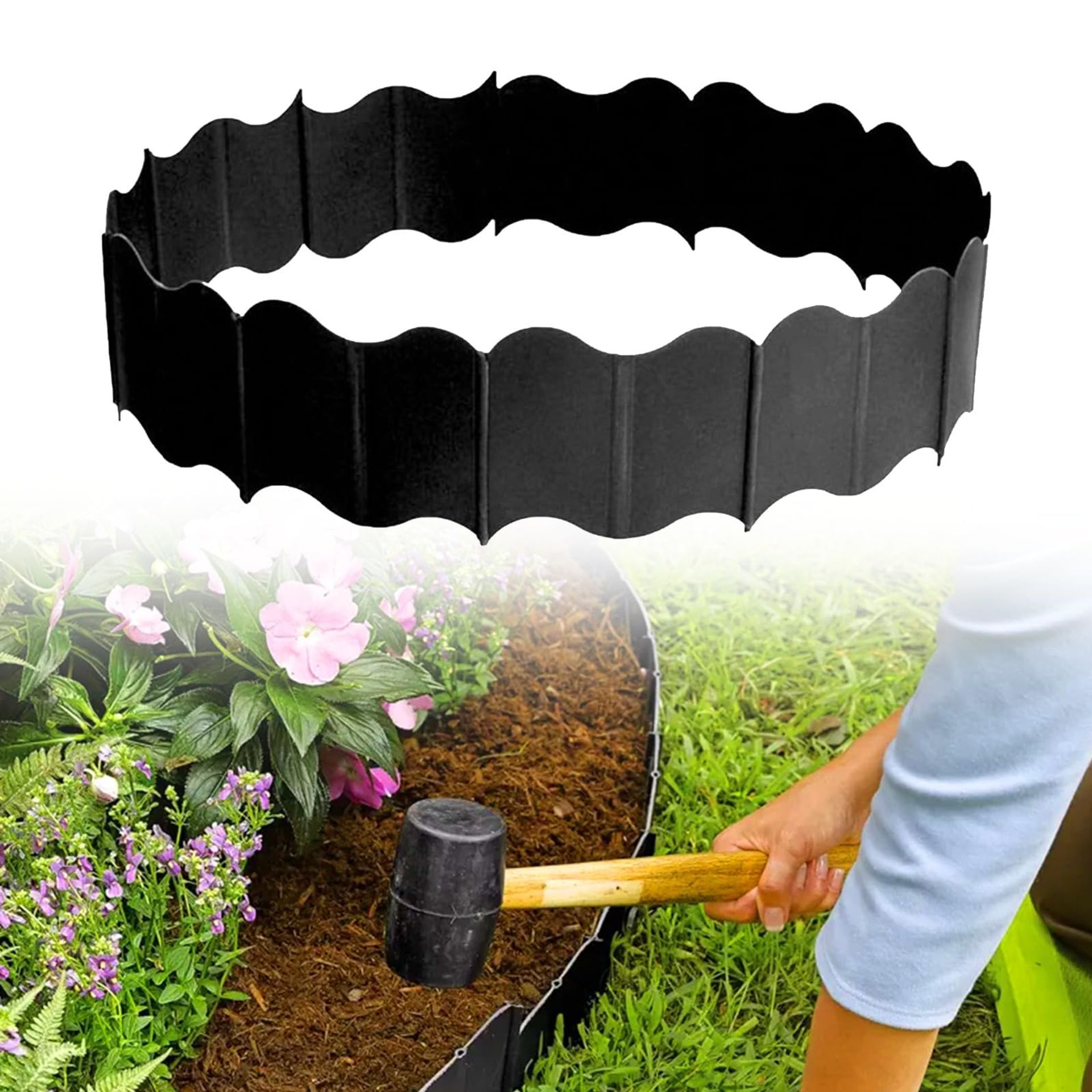Lawn Edging Border 10.7m Flexible Plastic Garden Edging for Grass, Paths & Flowerbeds - Black 10.7m