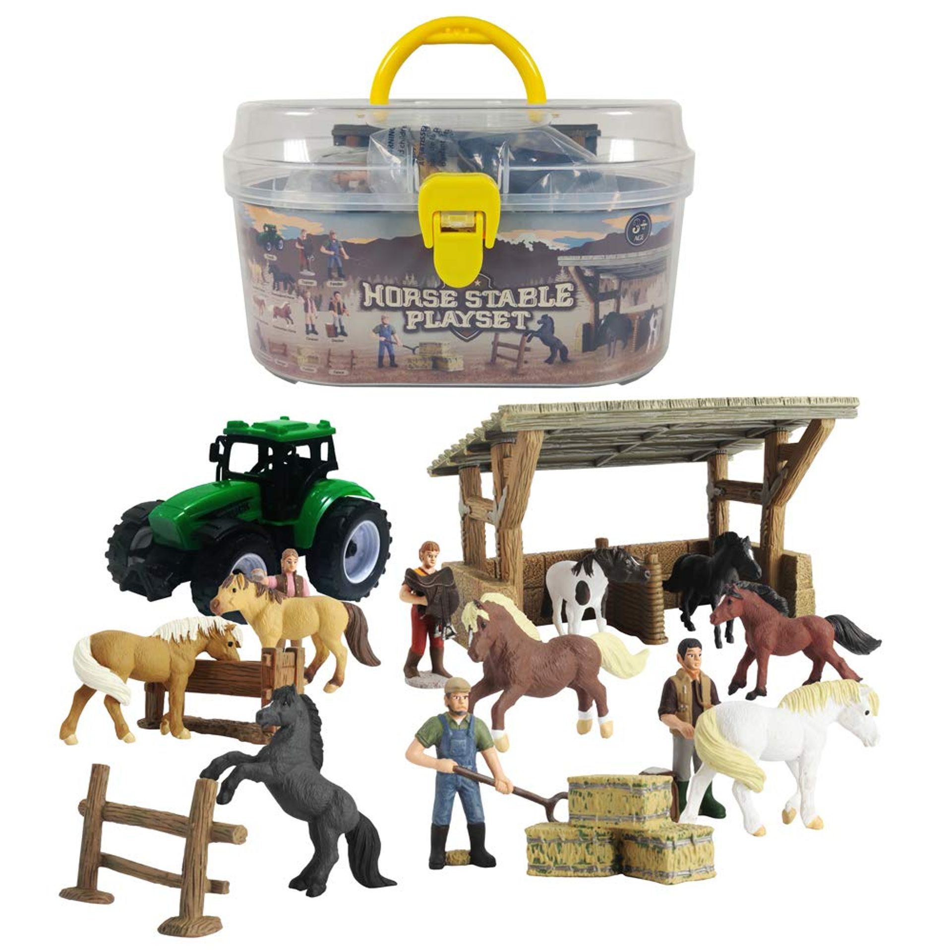 Horse Toys Stable Playset 17-Piece Set with Horses, Tractor & Accessories - Multicoloured 2”-6”