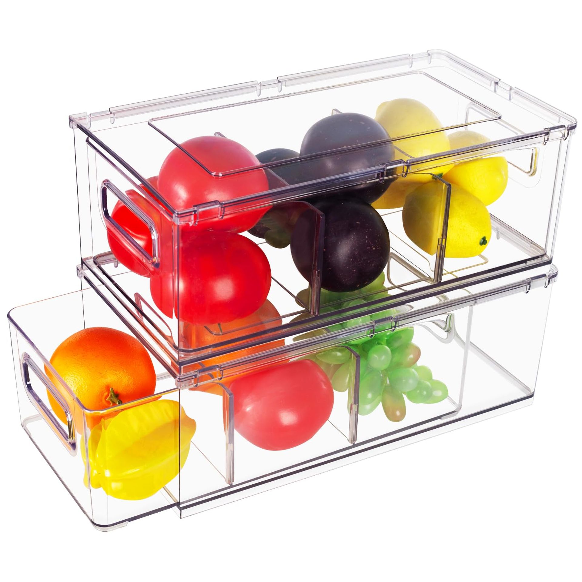 Fridge Drawer Organiser Set Stackable Storage Bins with Pull-Out Handles BPA-Free for Kitchen Freezer and Pantry - Clear 2 Pack
