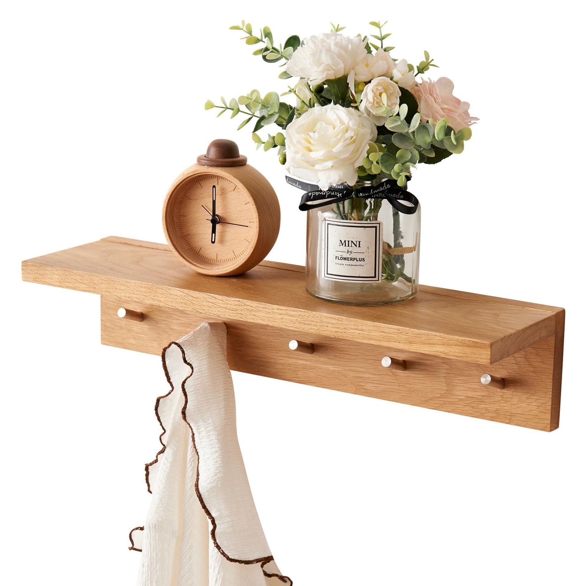 Solid Oak Floating Shelf with Hooks - Wall Mounted Display for Bedroom, Living Room, Bathroom, Office, Laundry (50 CM) - Spring Refresh