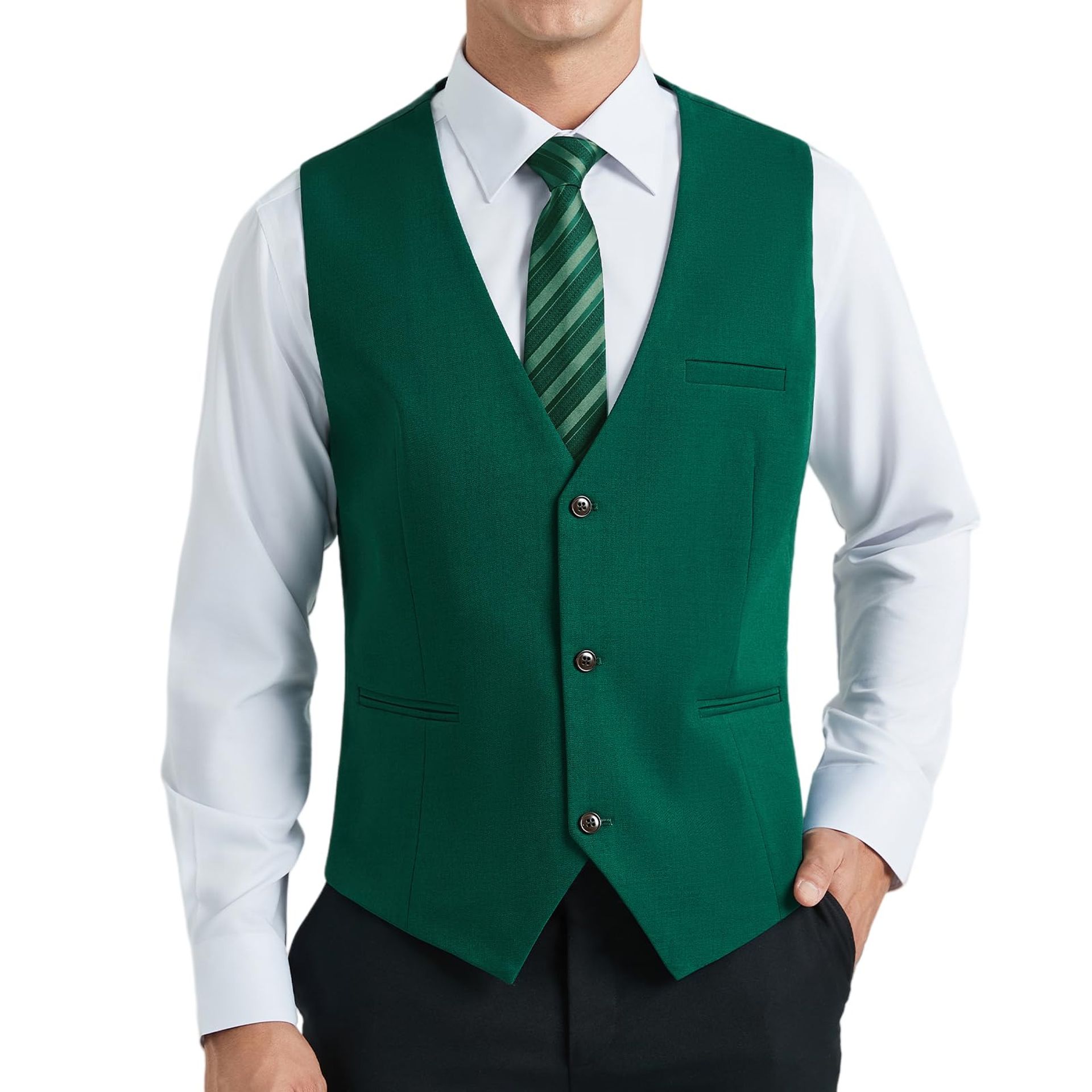 Men's Formal Waistcoat Classic V-Neck Smart Cotton Suit Vest with Adjustable Back - Emerald Green XXL