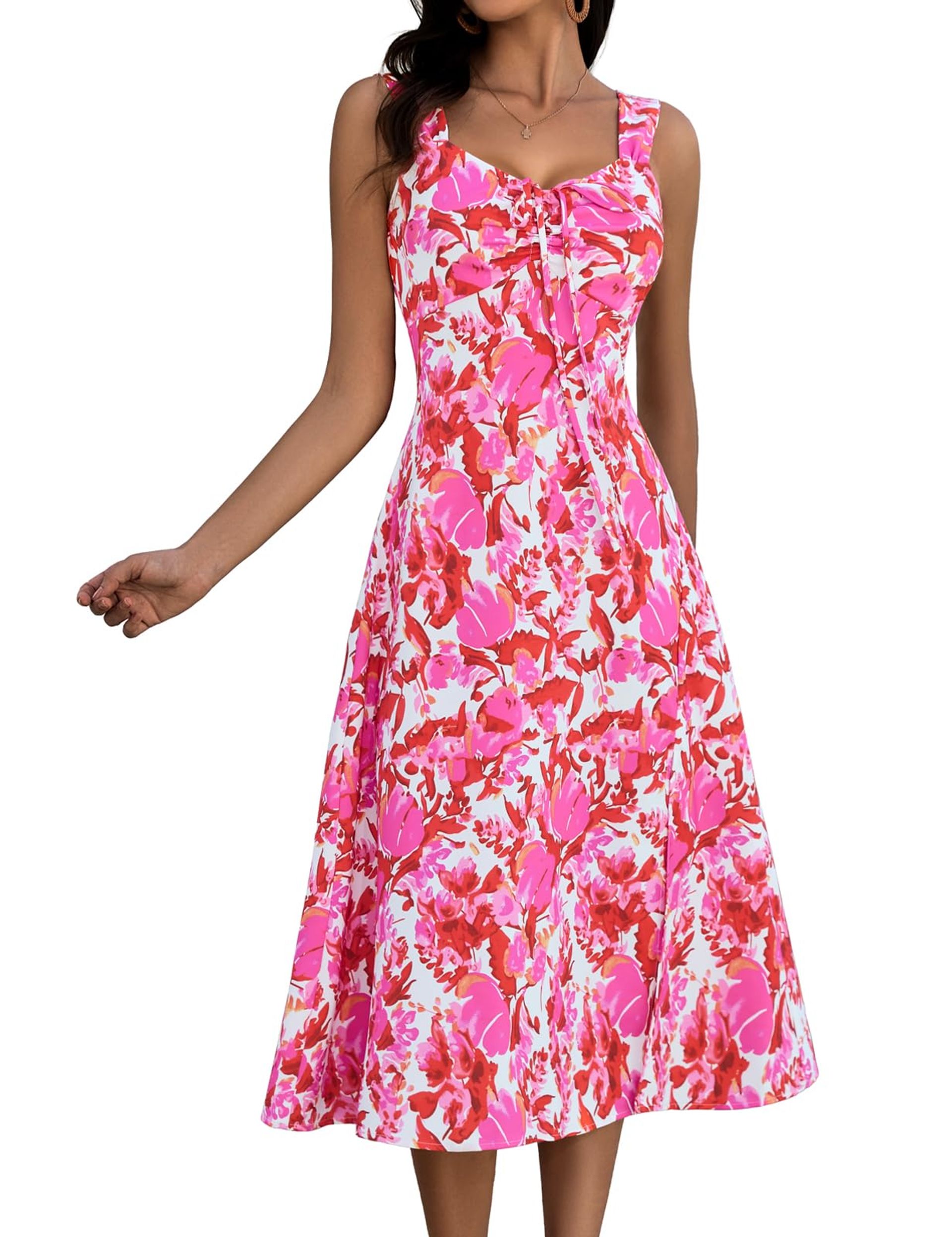 Women's Floral Summer Dress Spaghetti Strap A-Line Boho Midi Sundress - Red Pink Flower L