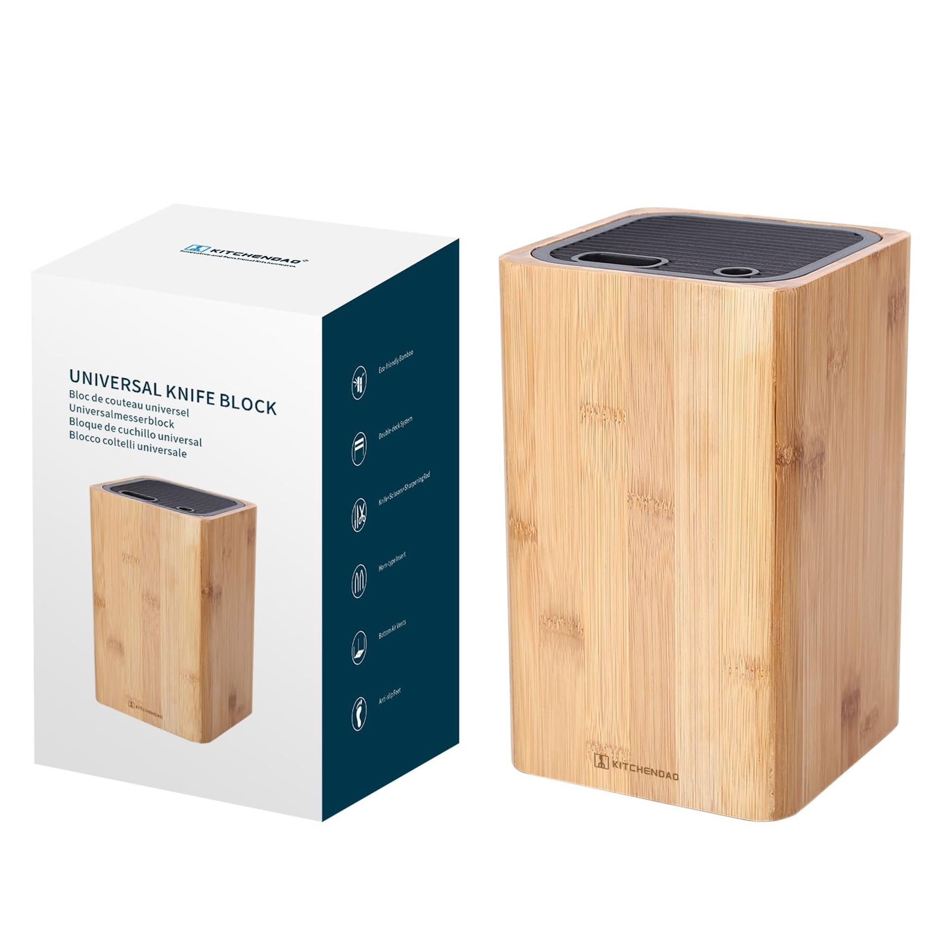 Bamboo Knife Block with Slots for Knives, Scissors & Sharpening Rod - Safe & Space Saving Kitchen Storage