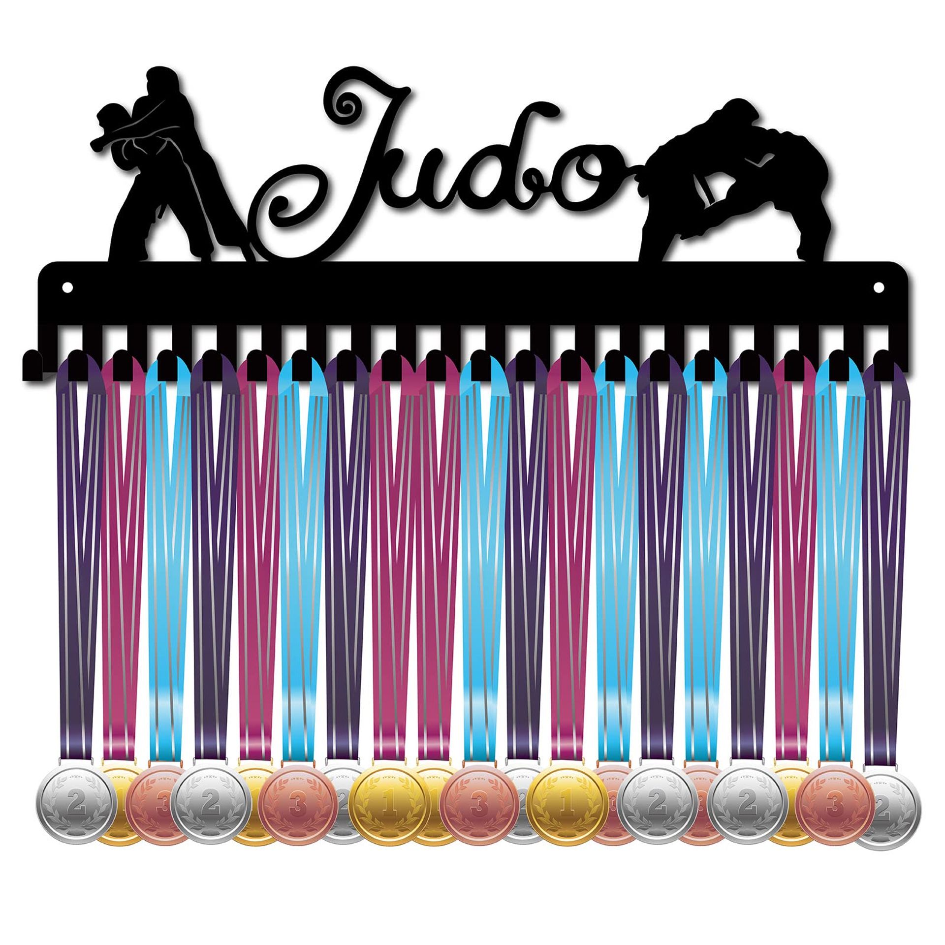 Medal Holder Display Rack Wall Mounted Iron Hanger for 60+ Awards Judo Design - Black 15.7 x 5.6inch