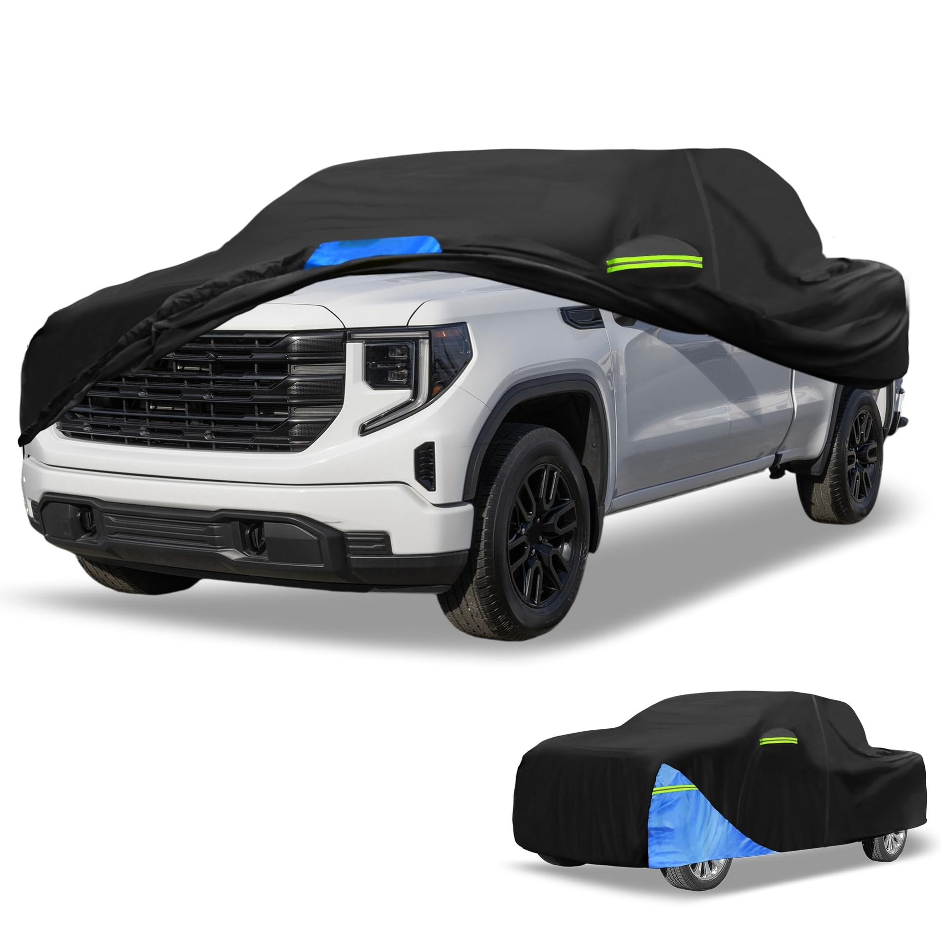 Car Cover Waterproof All Weather 210D UV Sun Rain Protection for GMC Sierra with Left Side Zipper - Black & Blue