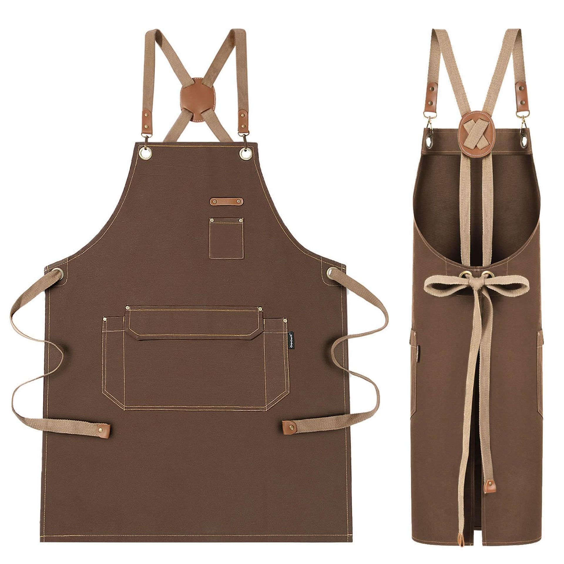 Men's Adjustable Work Apron Heavy-Duty Canvas with Pockets for Cooking, BBQ, Gardening & Workshop - Brown One Size