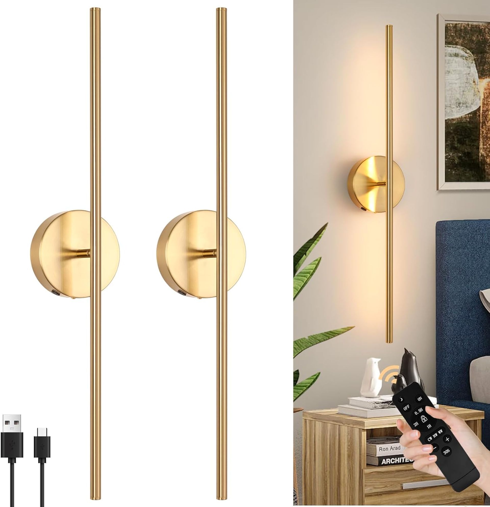 Battery Operated Wall Lights USB Rechargeable Dimmable LED Sconces with Remote, Touch Control, 350° Rotation Modern Indoor Lamps - Gold-round Base Style C