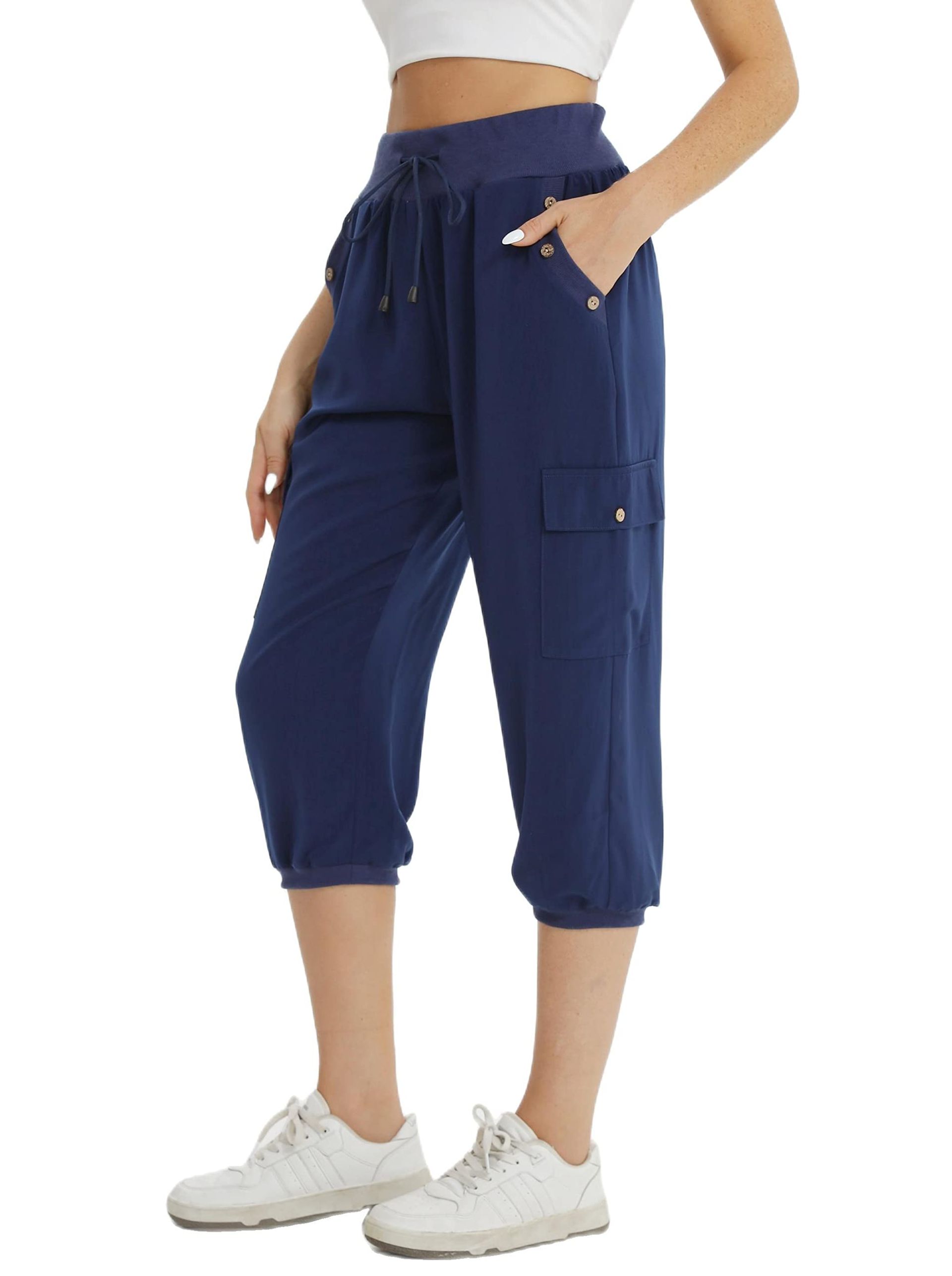 Women's Cropped Cargo Capri Trousers Lightweight Quick-Dry 3/4 Length with Pockets - Navy Blue XL 16-18