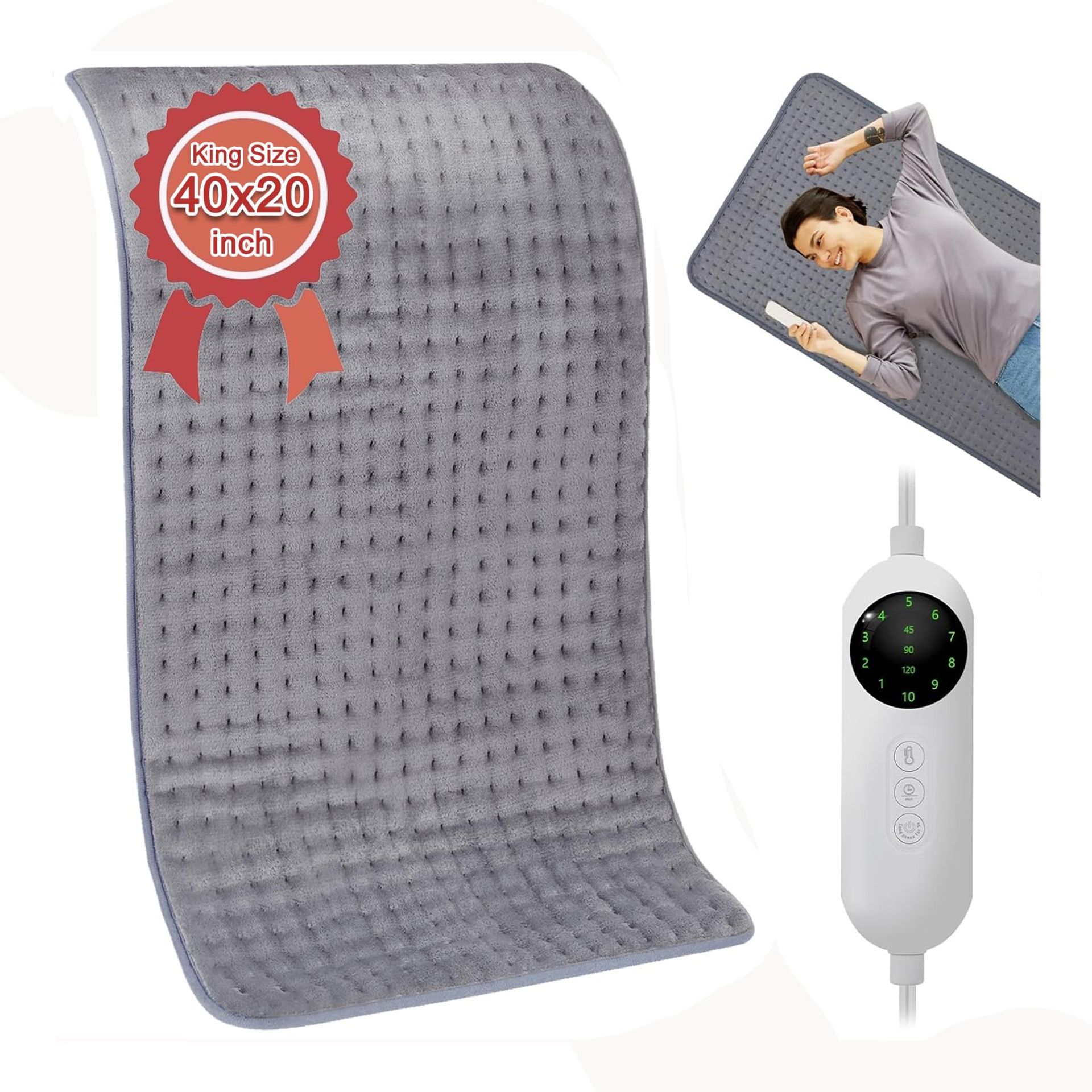 Extra Large Electric Heating Pad 10 Temperature Settings Fast Heat for Back and Full Body Pain Relief - Grey 20x40 inch