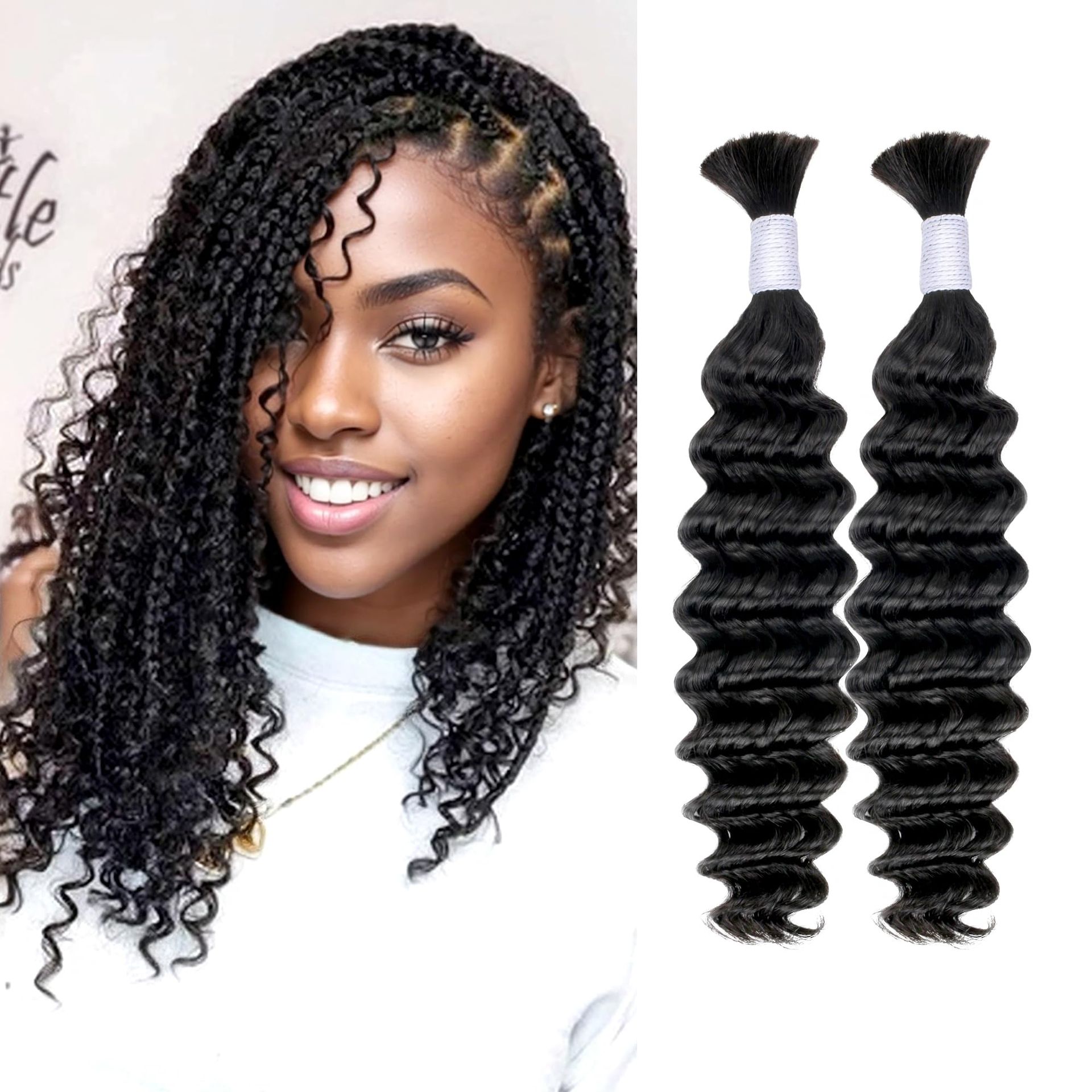 Deep Wave Bulk Human Hair Extensions 10A Brazilian Virgin for Braiding Boho Styles Natural Curly Wet Wavy 2 Bundles - Black 16 Inch 100G