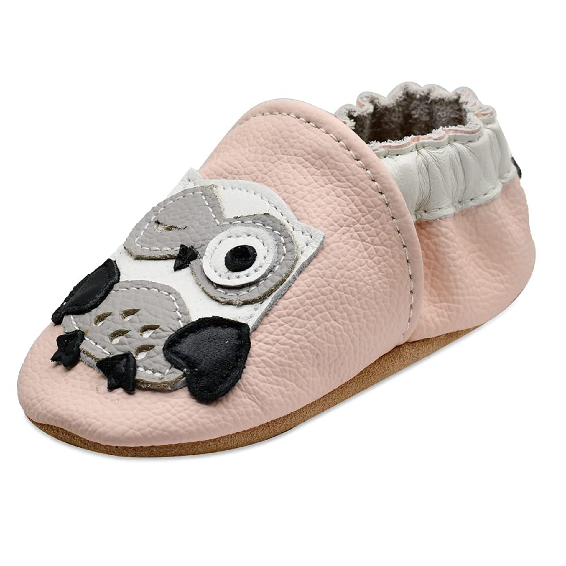 Baby Moccasins Soft Leather Non-Slip Sole Walking Crib Shoes - Lightpink Owl 12-18 Months