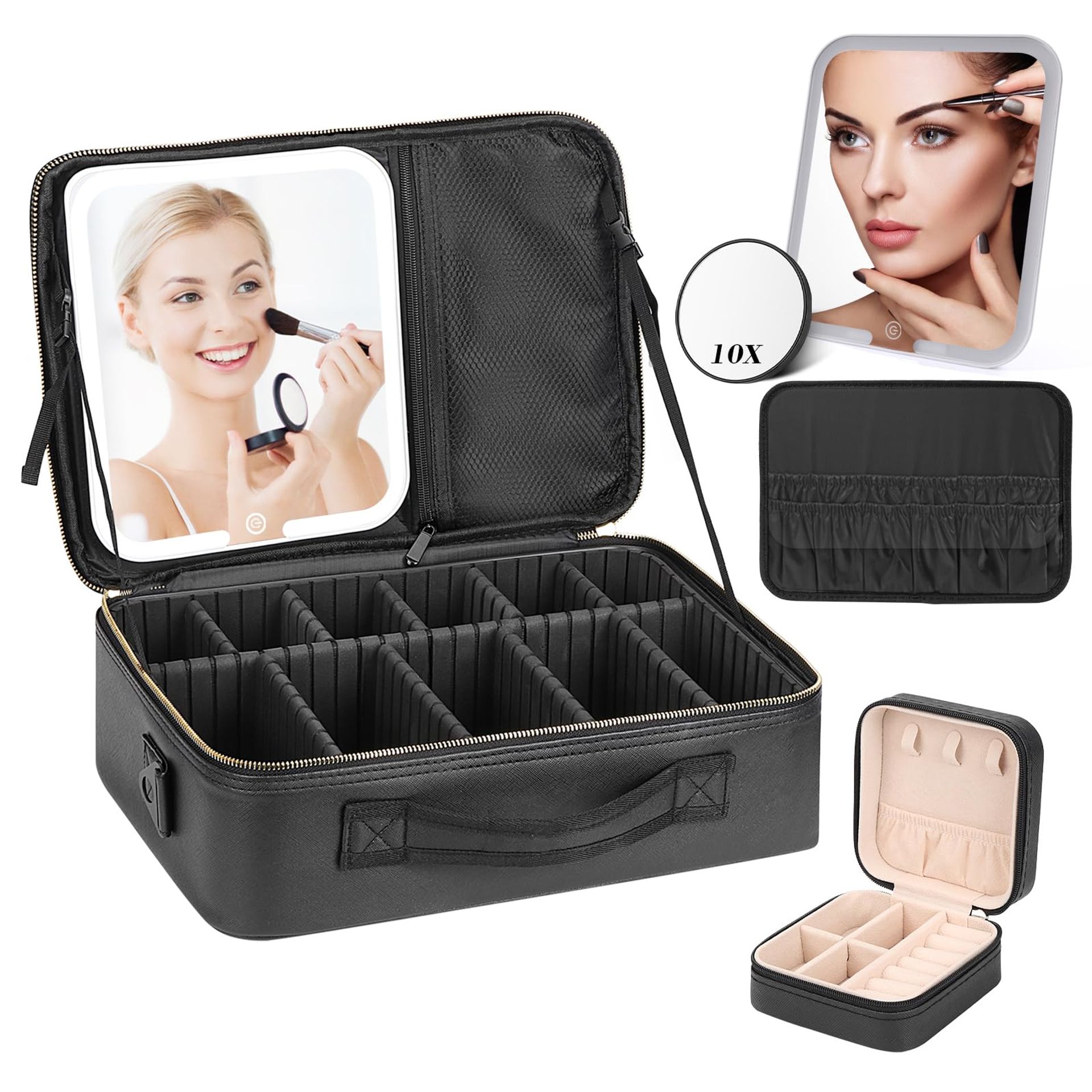 Makeup Organiser Case with LED Mirror Adjustable Lighting and Removable Compartments - Black Extra Large 37x26cm
