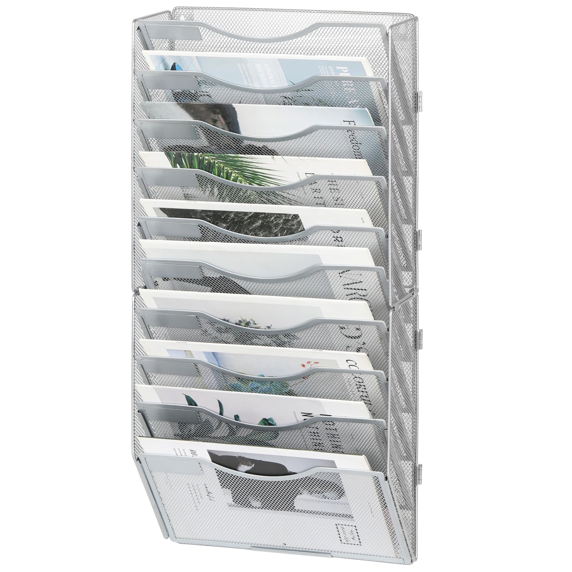 10-Pocket Desk Tidy Organizer with Wall Mounted A4 Document Holder Tray - Silver 10 Pockets