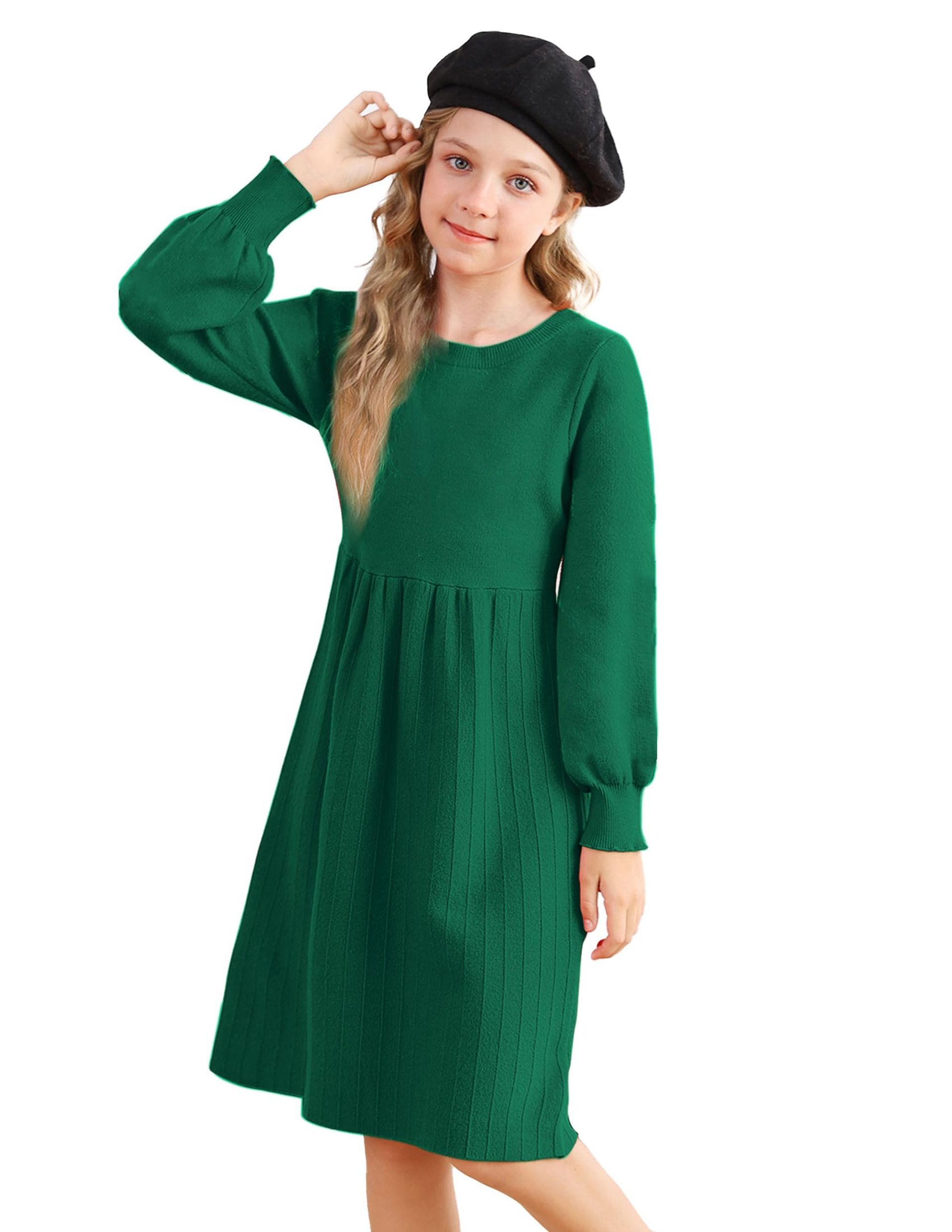 Girls Green Knitted Jumper Dress, Long Sleeve Winter Party Wear, Age 10-11