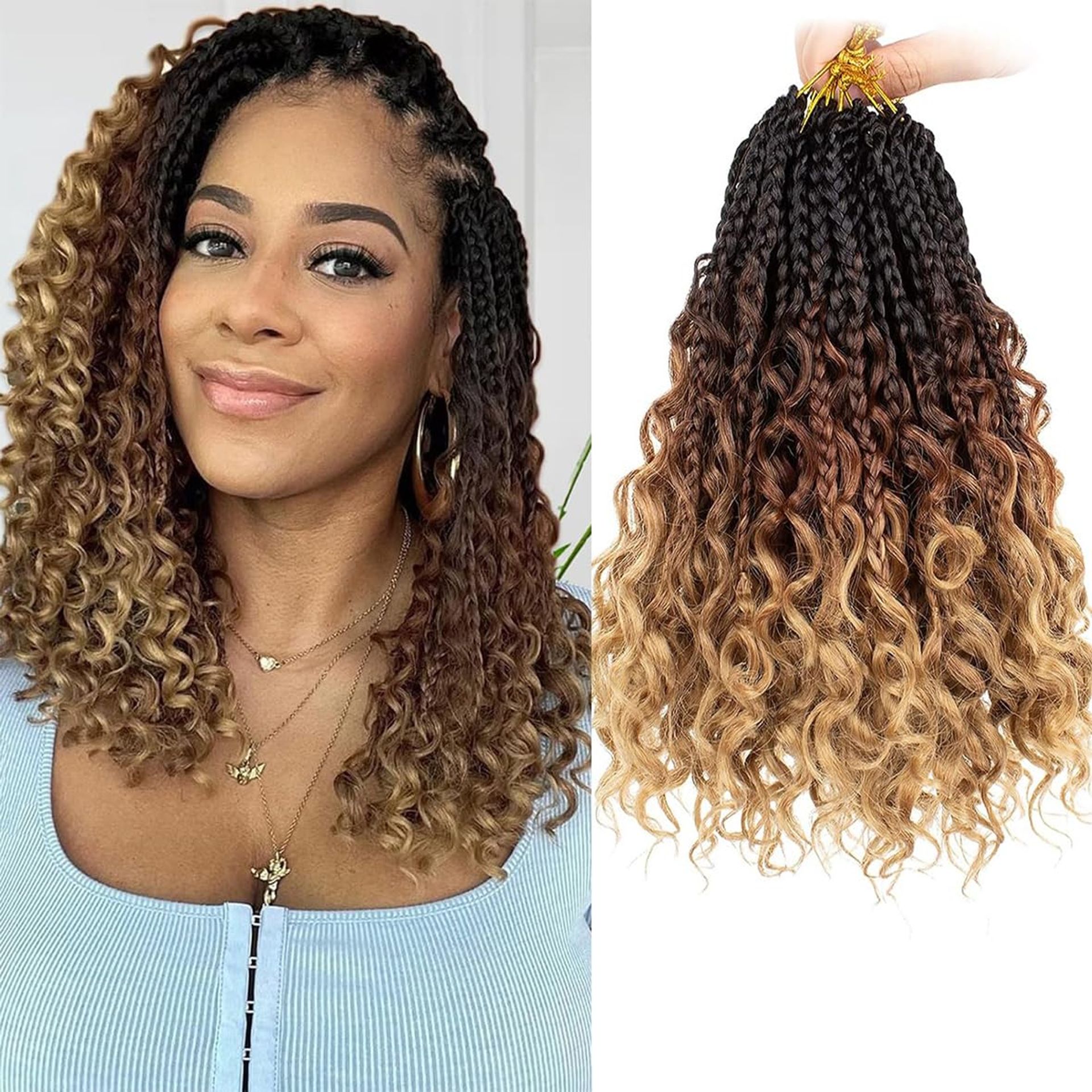Pre-Looped Bob Box Braids Crochet Hair with Curly Ends 8 Packs Goddess Boho Style - 53# 10 Inch - Valentines