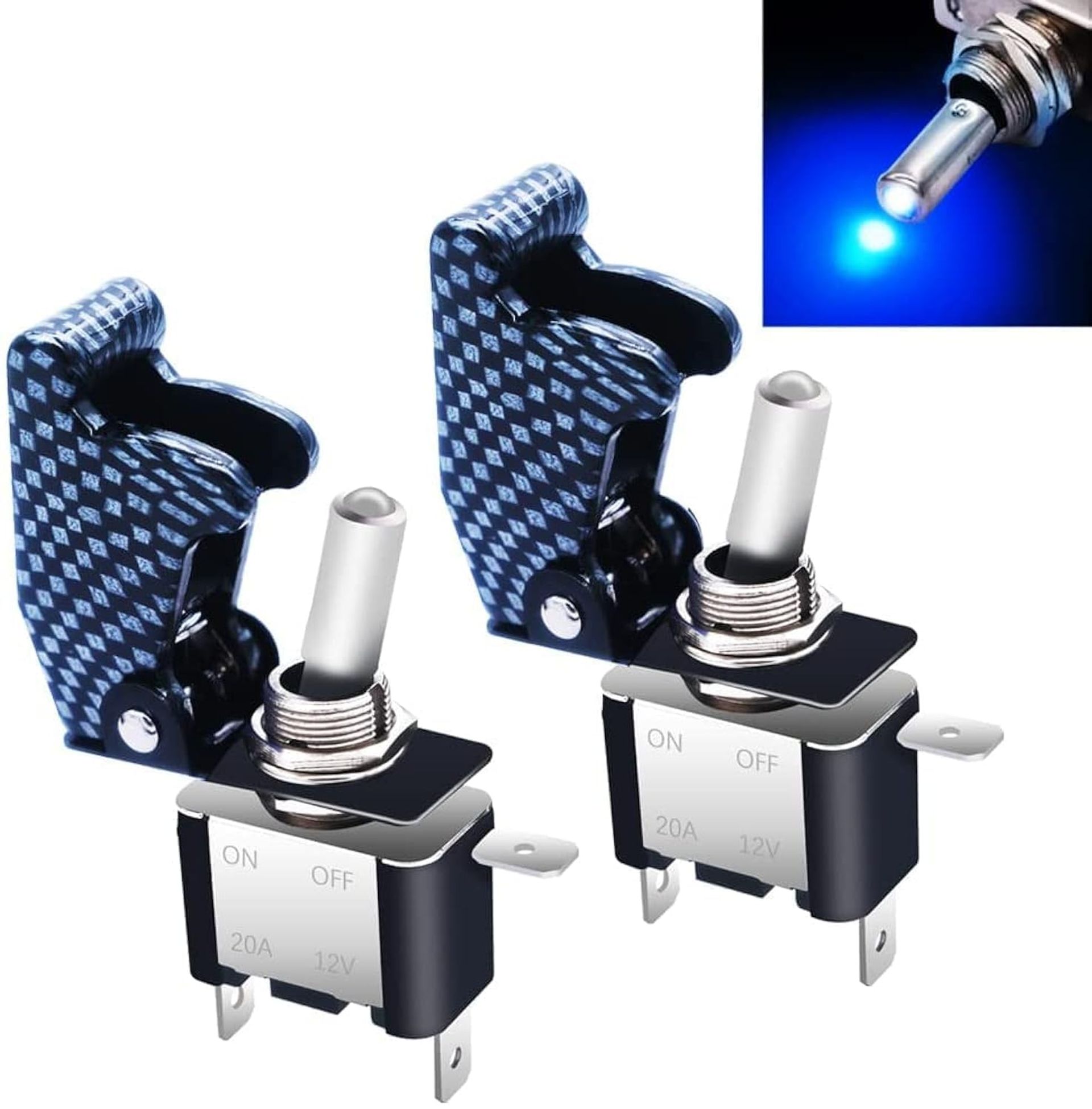 12V 20A Blue LED Rocker Toggle Switch with Carbon Fibre Cover - Heavy Duty & Waterproof