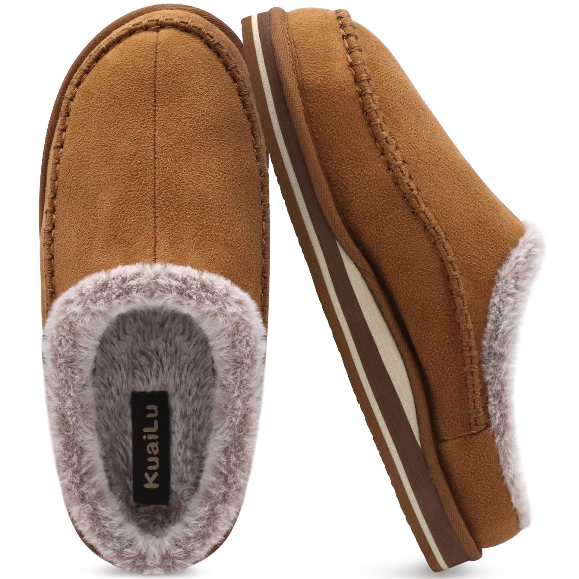Men's Memory Foam Clog Slippers with Arch Support & Faux Fur Lining - Indoor Outdoor Comfort Khaki Size 8.5