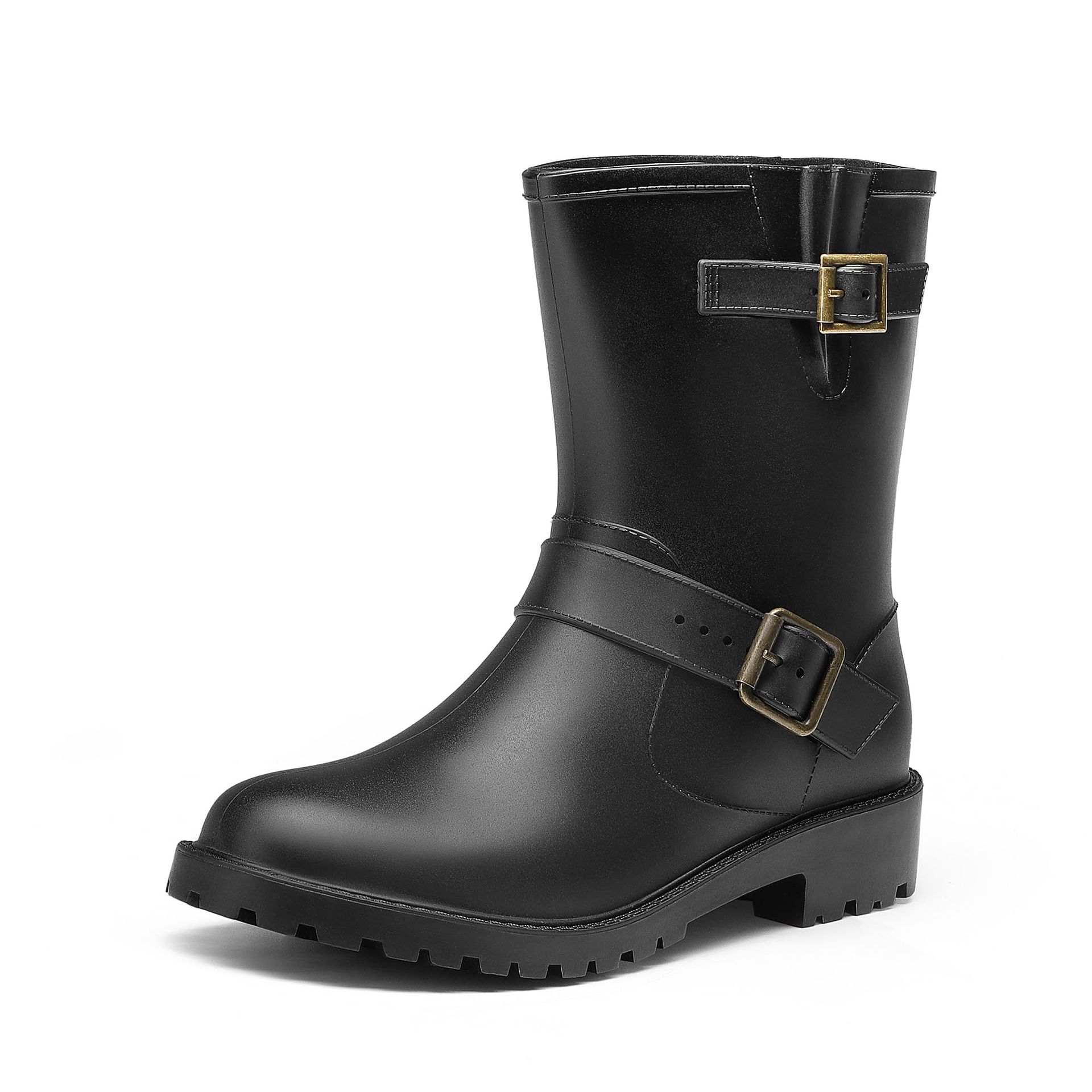 Women's Wellington Boots Waterproof PVC Non-Slip Wide-Calf Ankle Design with Side Buckle - Black UK 4.5