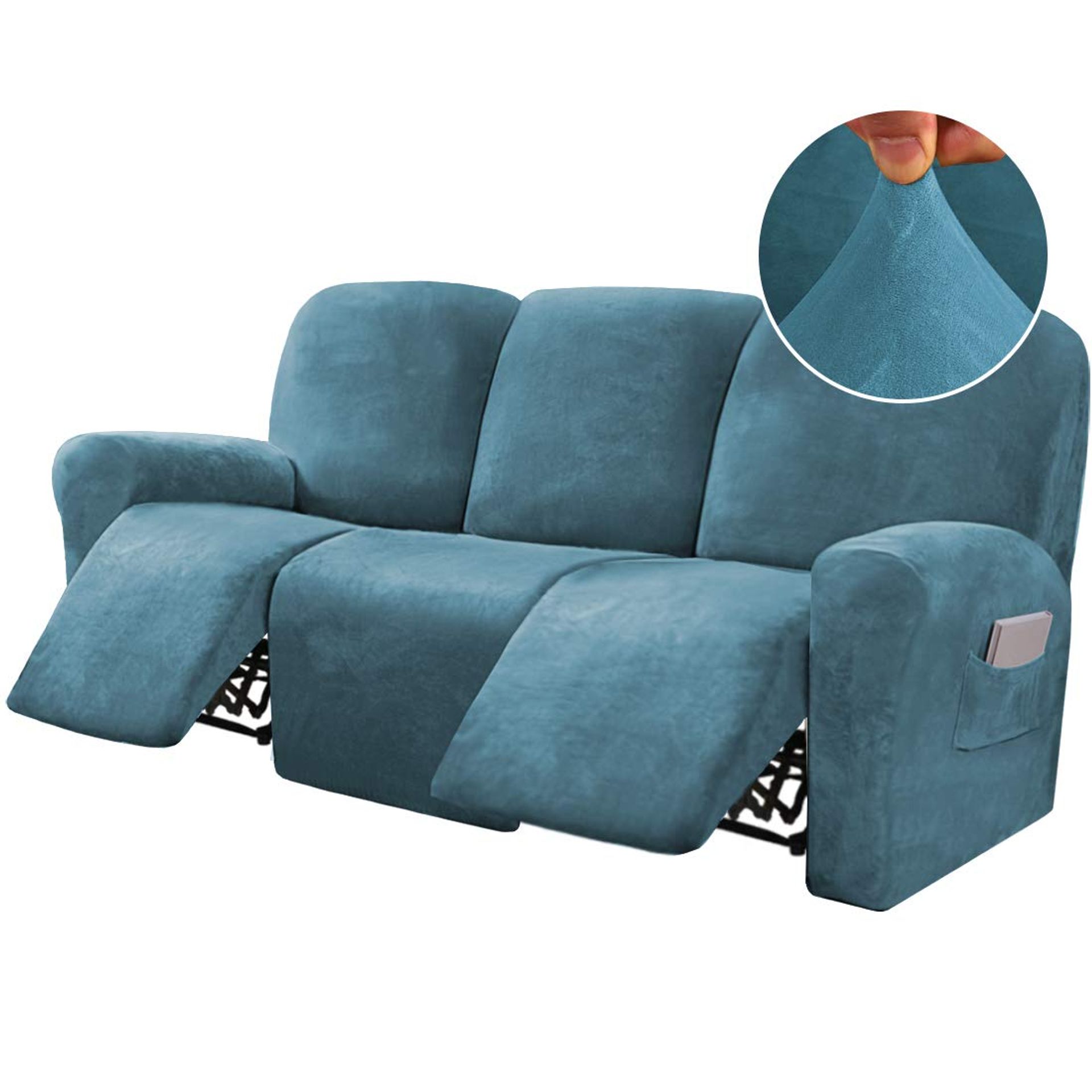 8-Piece Recliner Sofa Cover Velvet Stretch Slipcover for 3 Cushion Sofa Furniture Protector - Peacock Blue 3 Seater Recliner